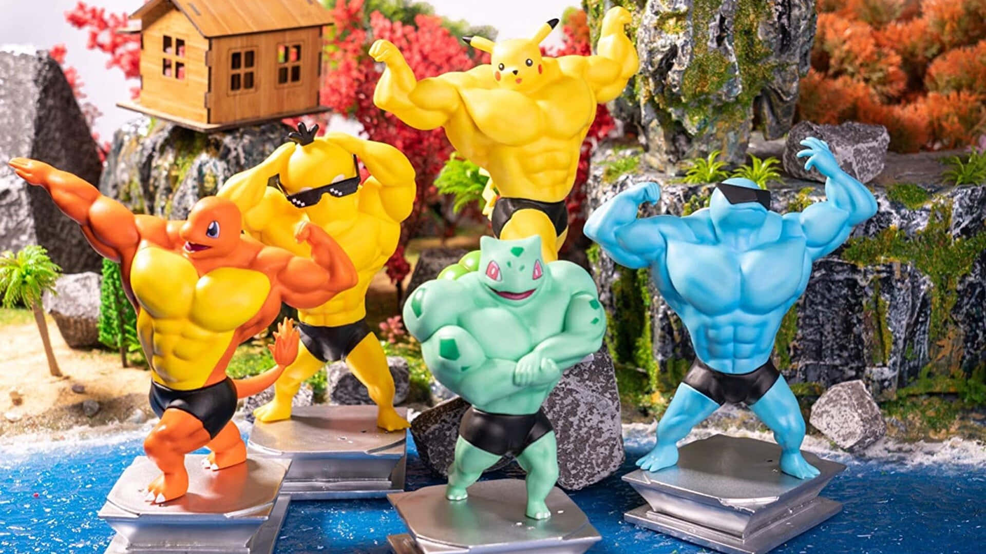 Pokemon Figures, muscular Pokémon figurines, pedestals, Full HD Desktop Wallpaper