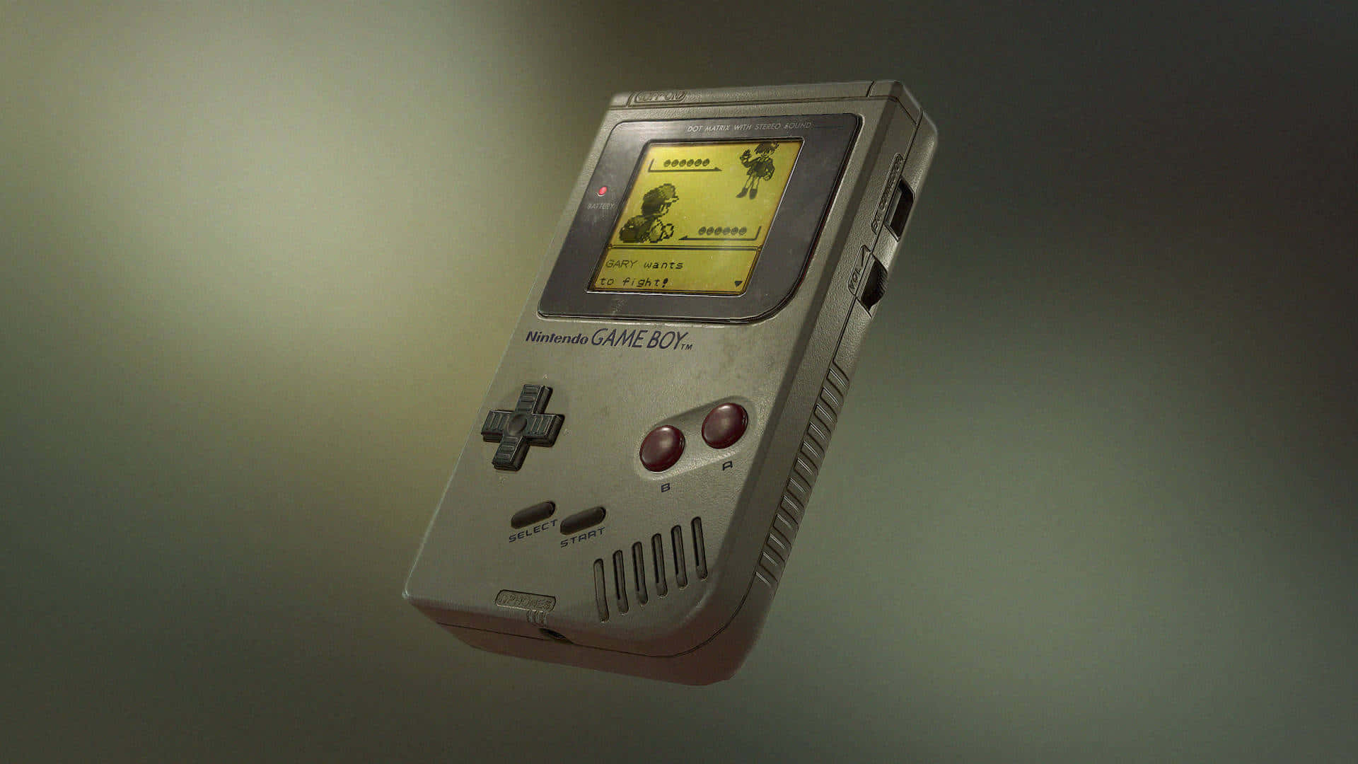 vintage silver Game Boy, glowing yellow screen, pixelated battle scene, Full HD Desktop Wallpaper