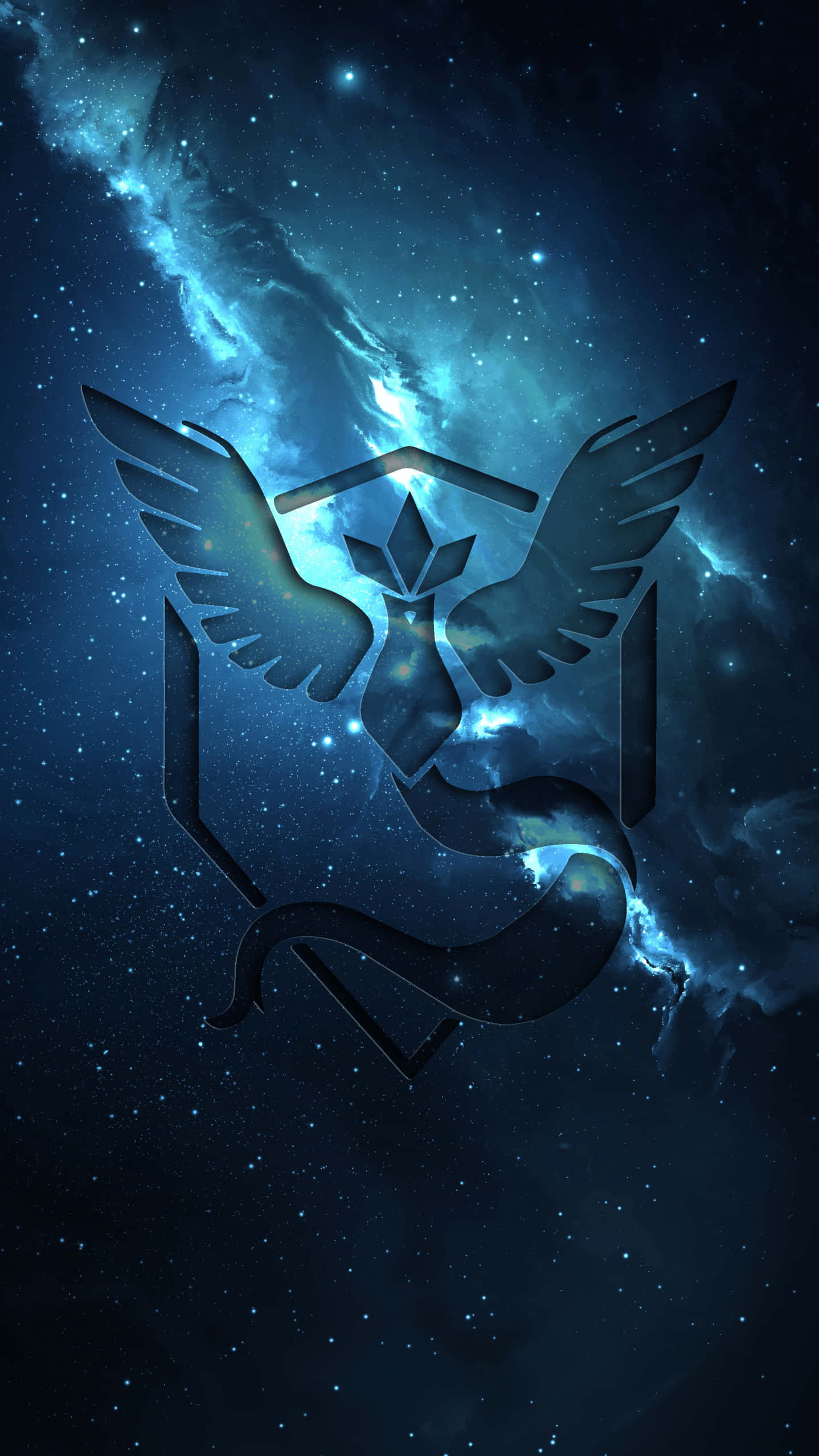 Pokemon GO, glowing blue cosmic emblem, wings, Full HD Phone Wallpaper