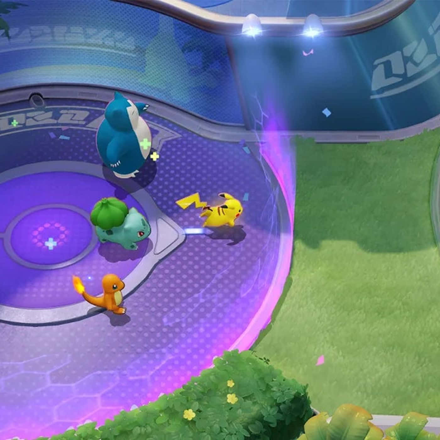 Pokemon League, glowing purple arena, green grass, HD Desktop Wallpaper