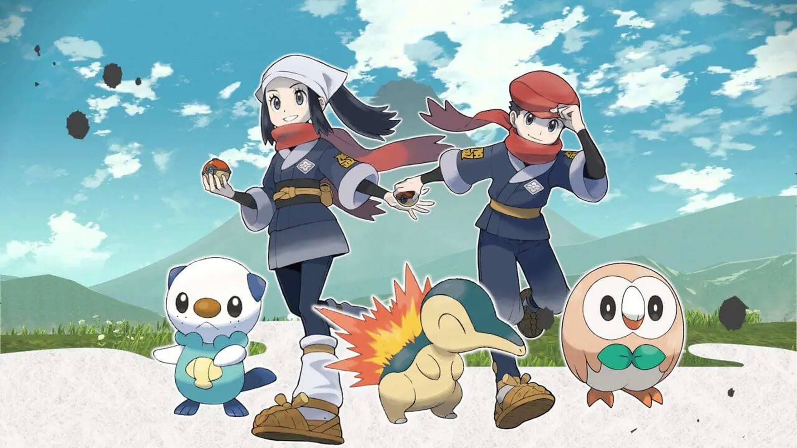 Pokemon Legends Arceus, blue uniforms, three Pokémon, 2K Desktop Wallpaper