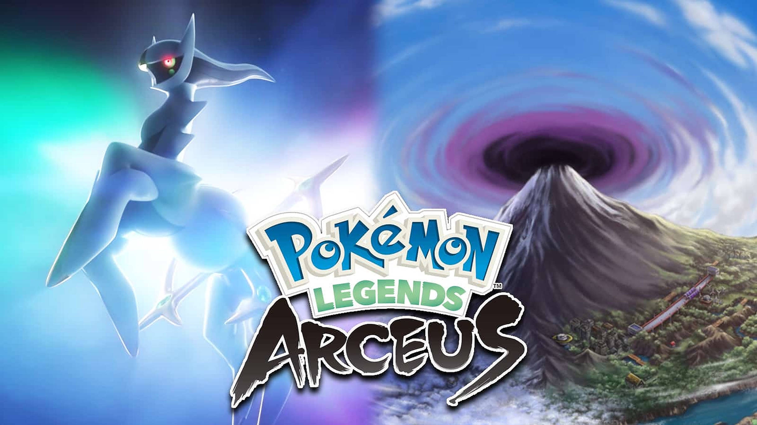 Pokemon Legends Arceus, glowing blue legendary Pokémon, swirling purple vortex, Full HD Desktop Wallpaper