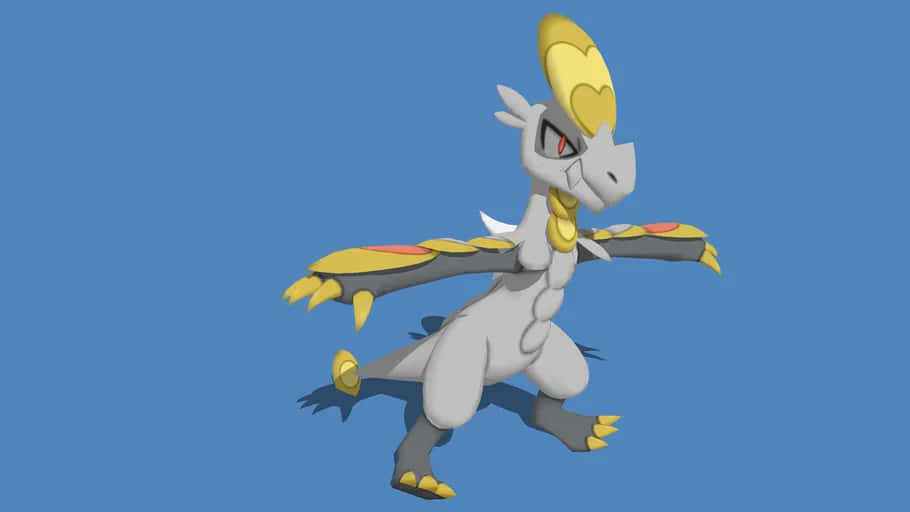 3d hakamo-o, bright blue background, white and yellow dragon-like Pokémon, SD Desktop Wallpaper
