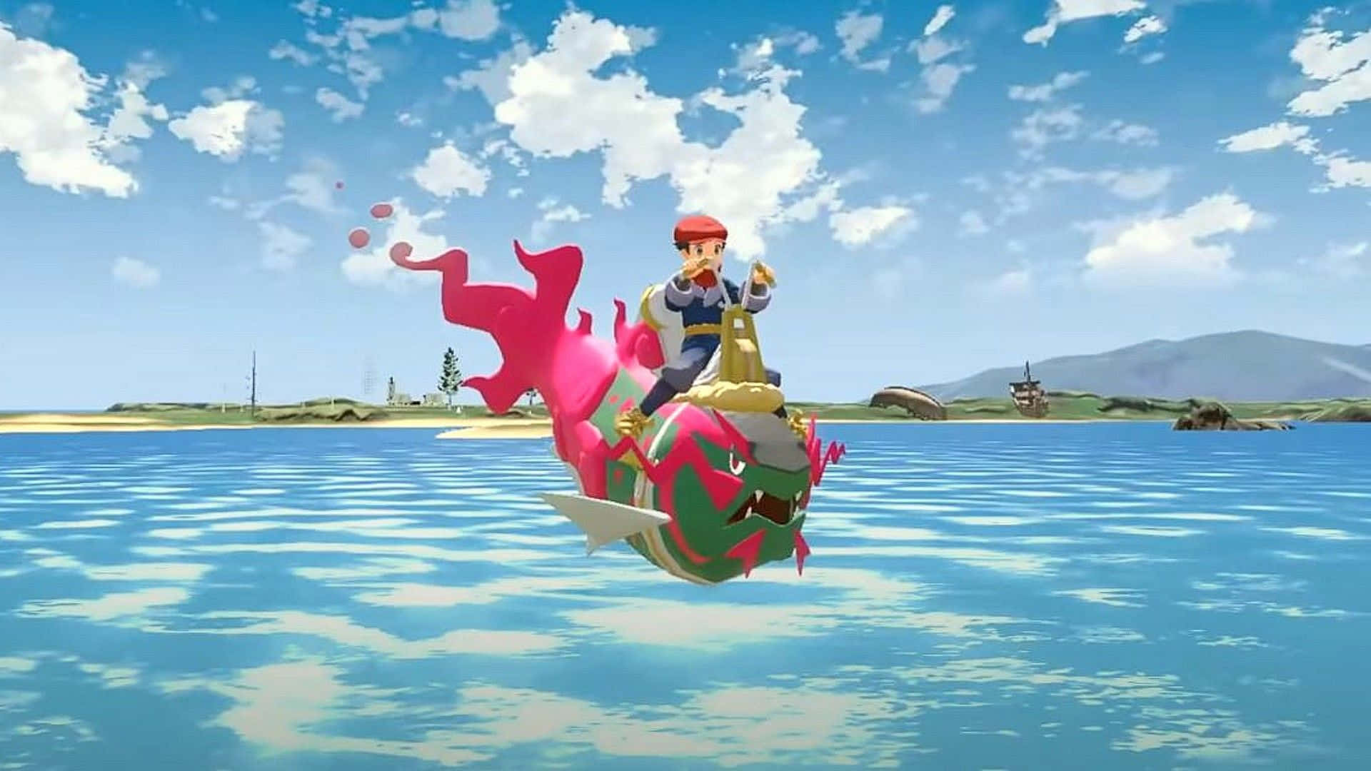 3D Basculin Evolution Pokémon, pink and green water-type Pokémon, bright blue lake, Full HD Desktop Wallpaper
