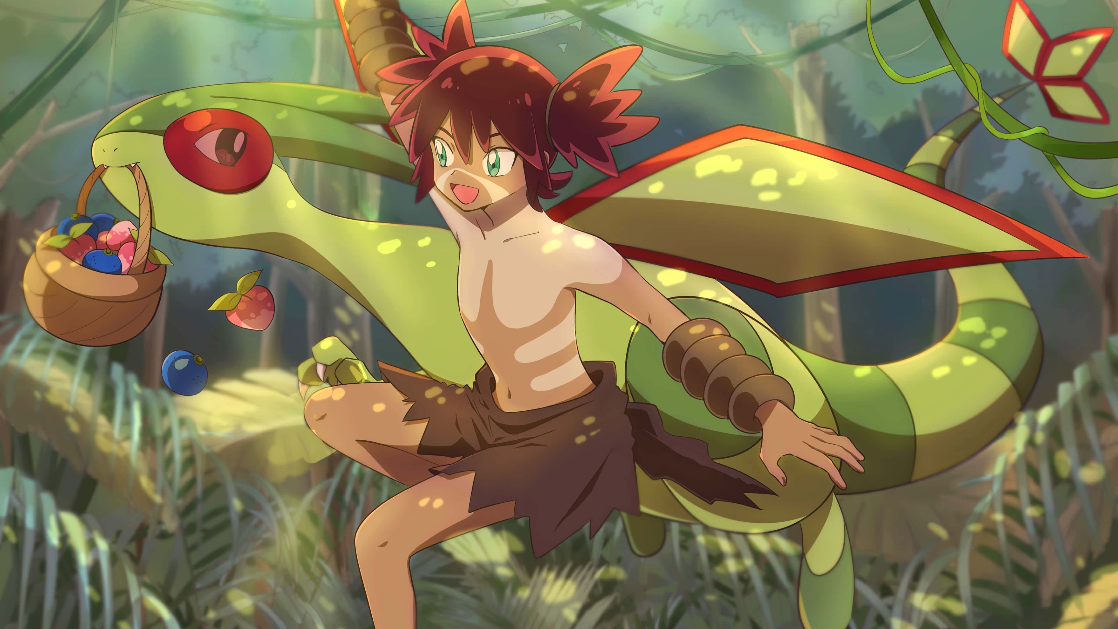 Pokemon Movies, anime boy with red hair, green dragon, 4K Desktop Wallpaper