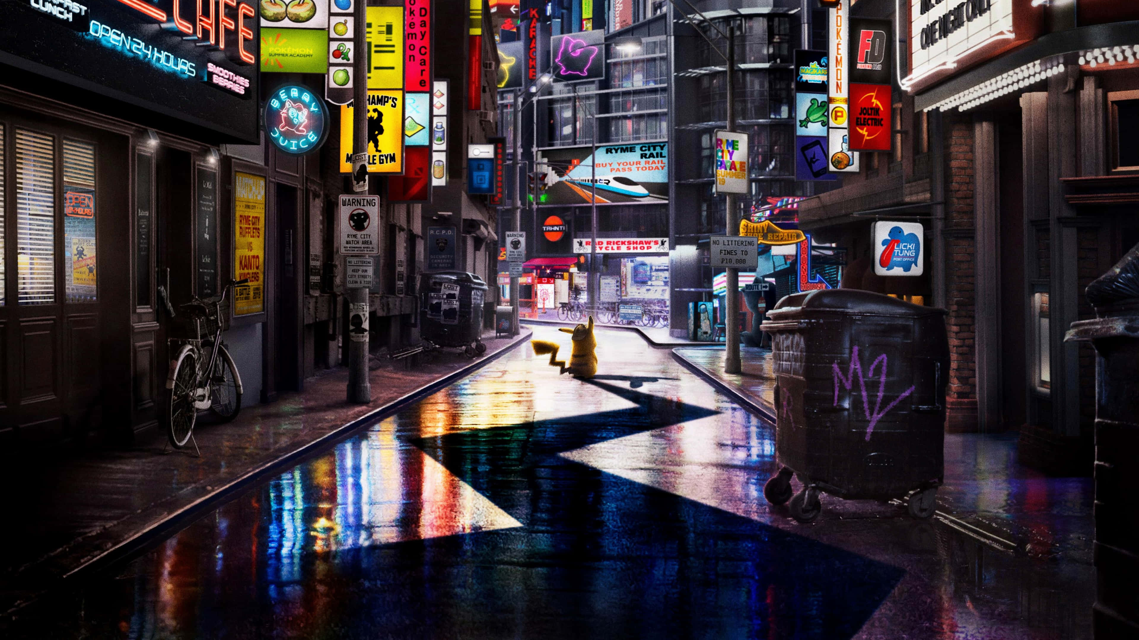 Pokemon Movies, neon-lit alleyway, rain-slicked, 4K Desktop Wallpaper