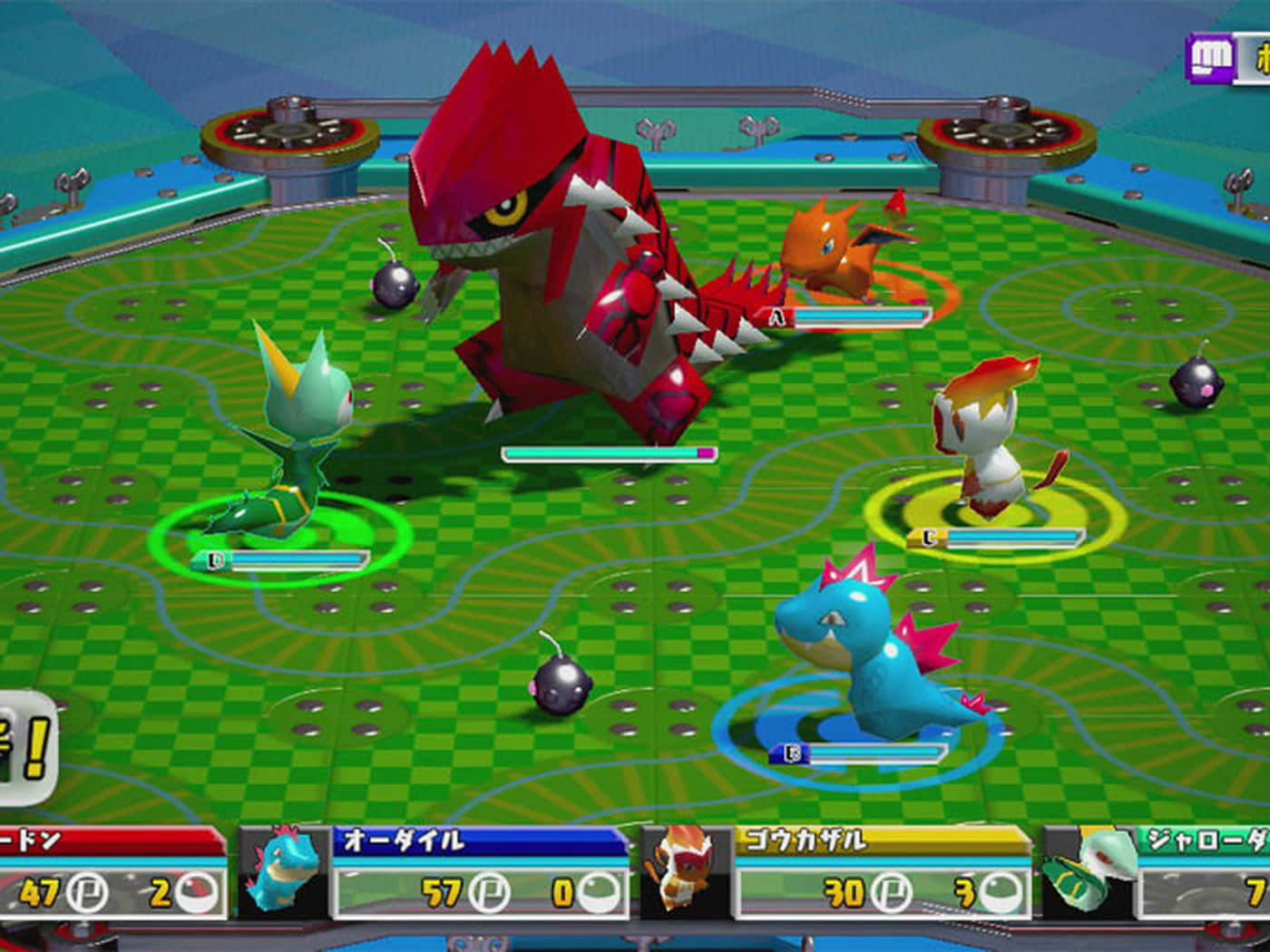 Pokemon Rumble, green checkered arena, bombs, HD Desktop Wallpaper