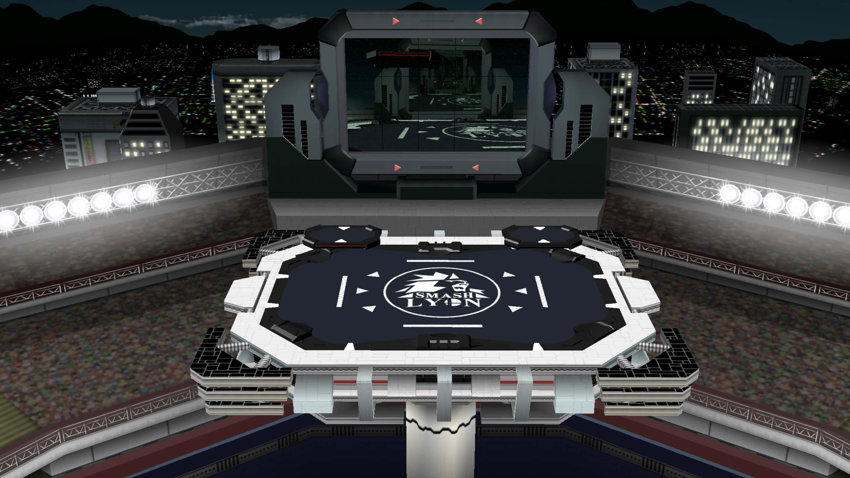 Pokemon Stadium, octagonal stage, glowing cityscape, 2K Desktop Wallpaper