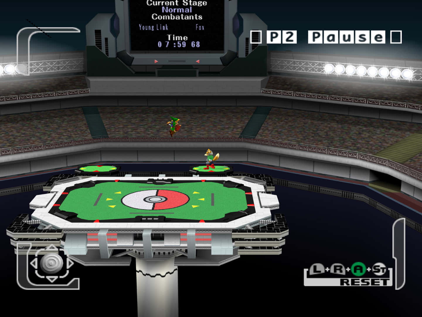 Pokemon Stadium, floating green stage, dark arena, HD Desktop Wallpaper