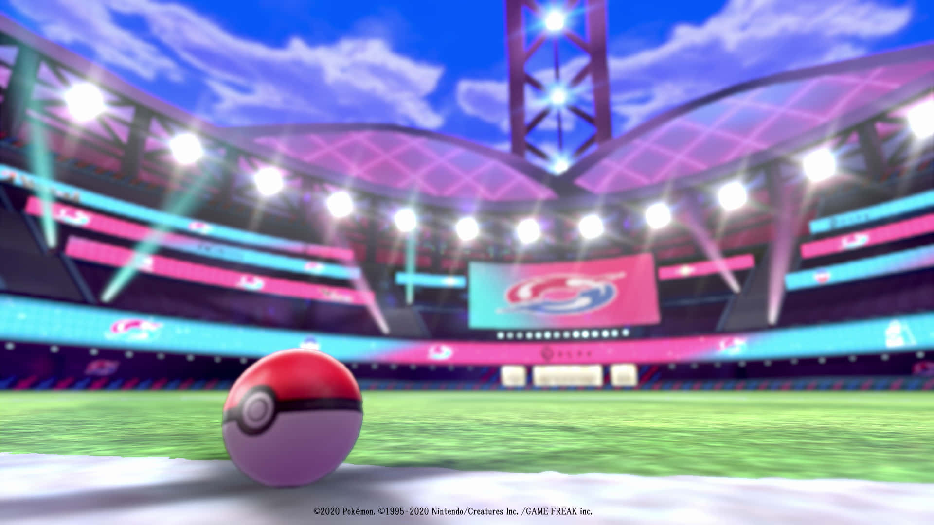 Pokemon Stadium, glowing red and white Poké Ball, stadium field, Full HD Desktop Wallpaper