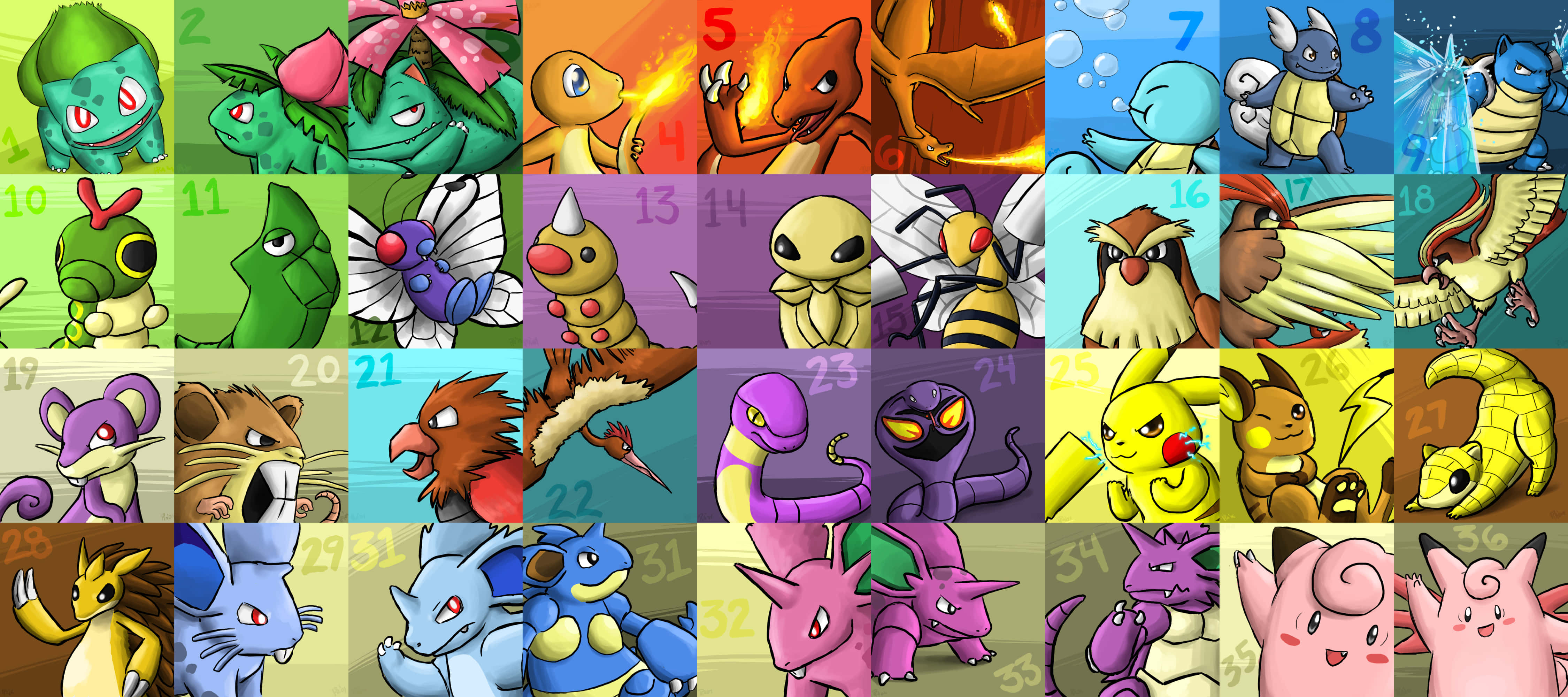 Pokemon Stickers, 32 classic Pokémon characters, vibrant grid, 4K Desktop Wallpaper