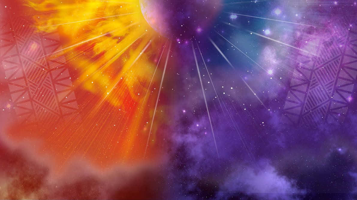 Pokemon Sun and Moon, fiery sun, purple nebulae, SD Desktop Wallpaper