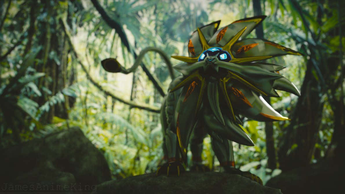 Pokemon Sun and Moon, level 79, green and gold lion-like creature, SD Desktop Wallpaper