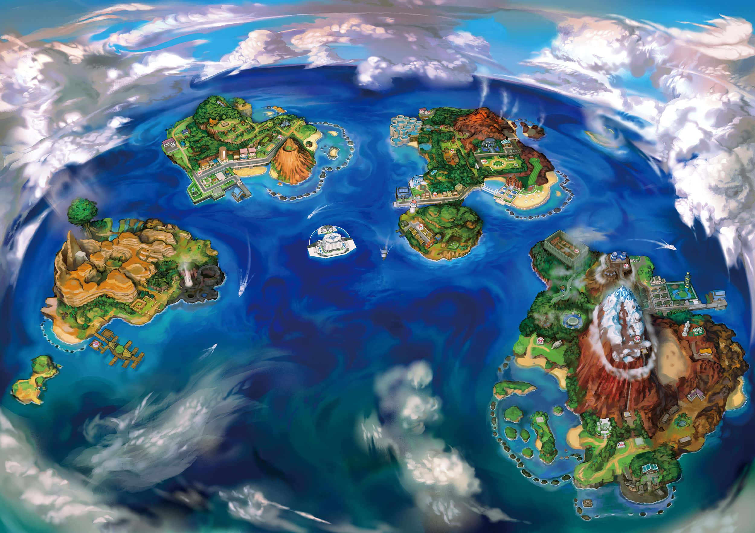 Pokemon Sun and Moon, vibrant fantasy archipelago, lush islands, Full HD Desktop Wallpaper