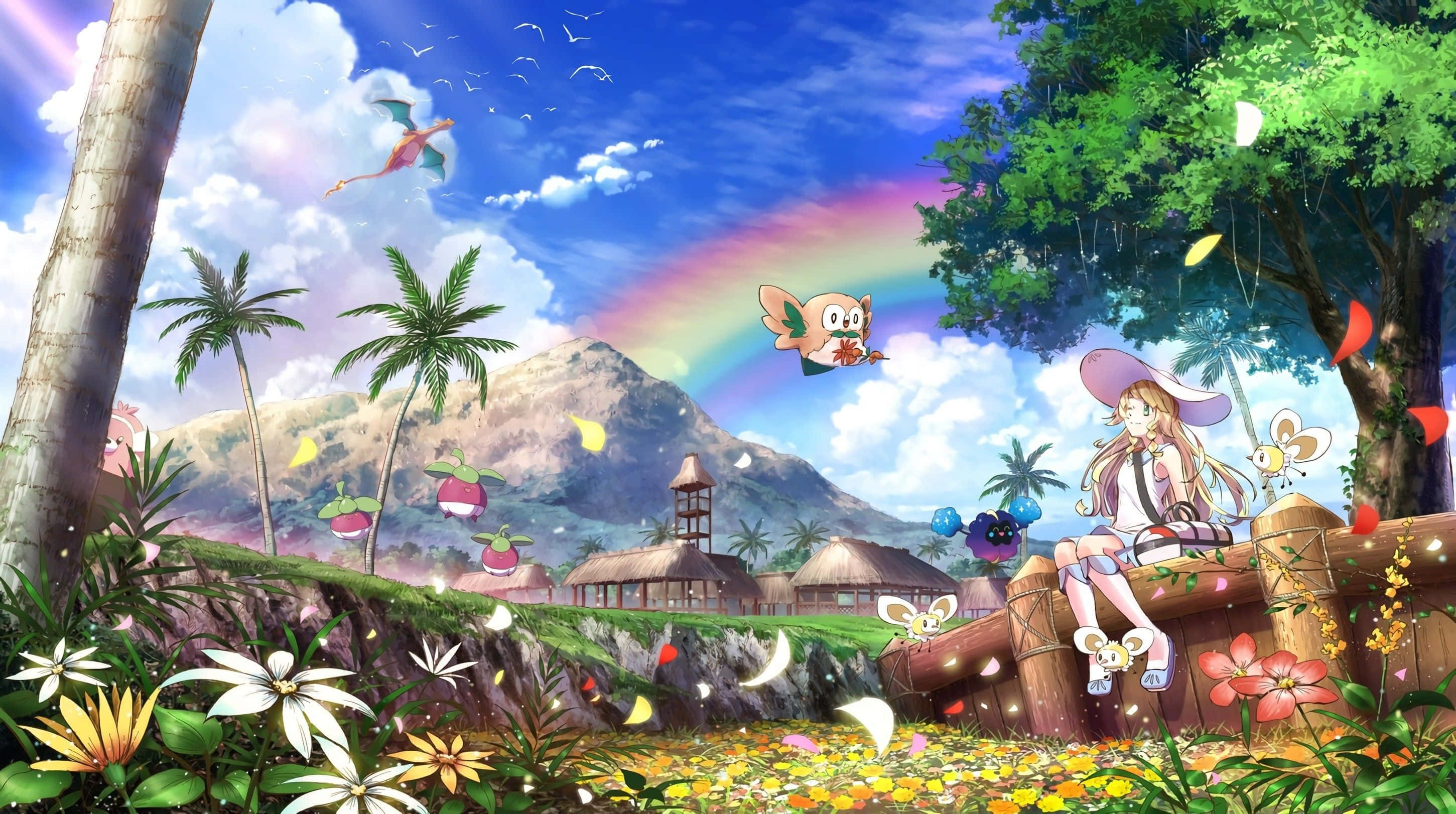 Pokemon sun and moon, purple hat, wooden bridge, 2K Desktop Wallpaper