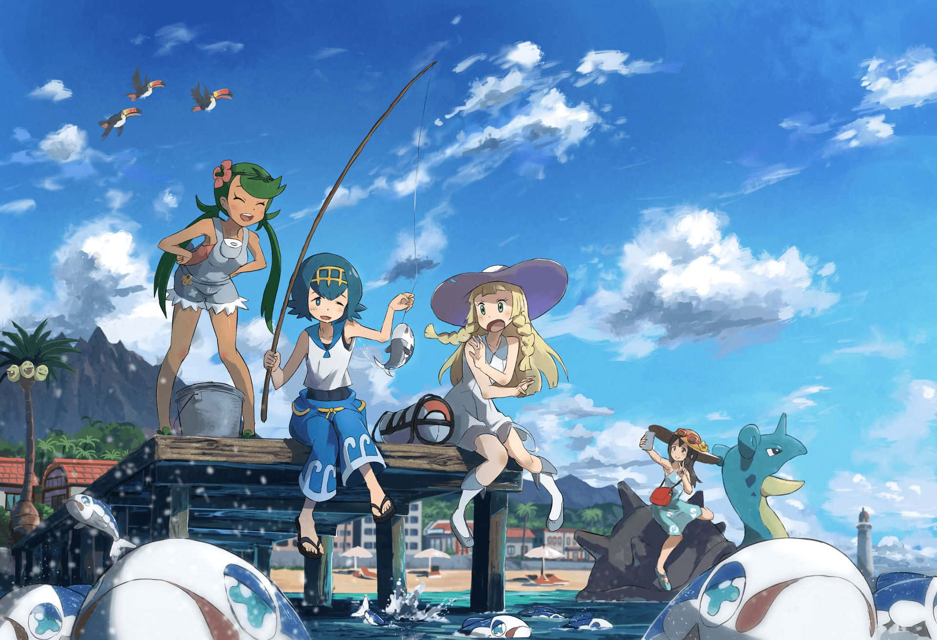 Pokemon Sun and Moon, anime girls, Pokémon fish, Full HD Desktop Wallpaper