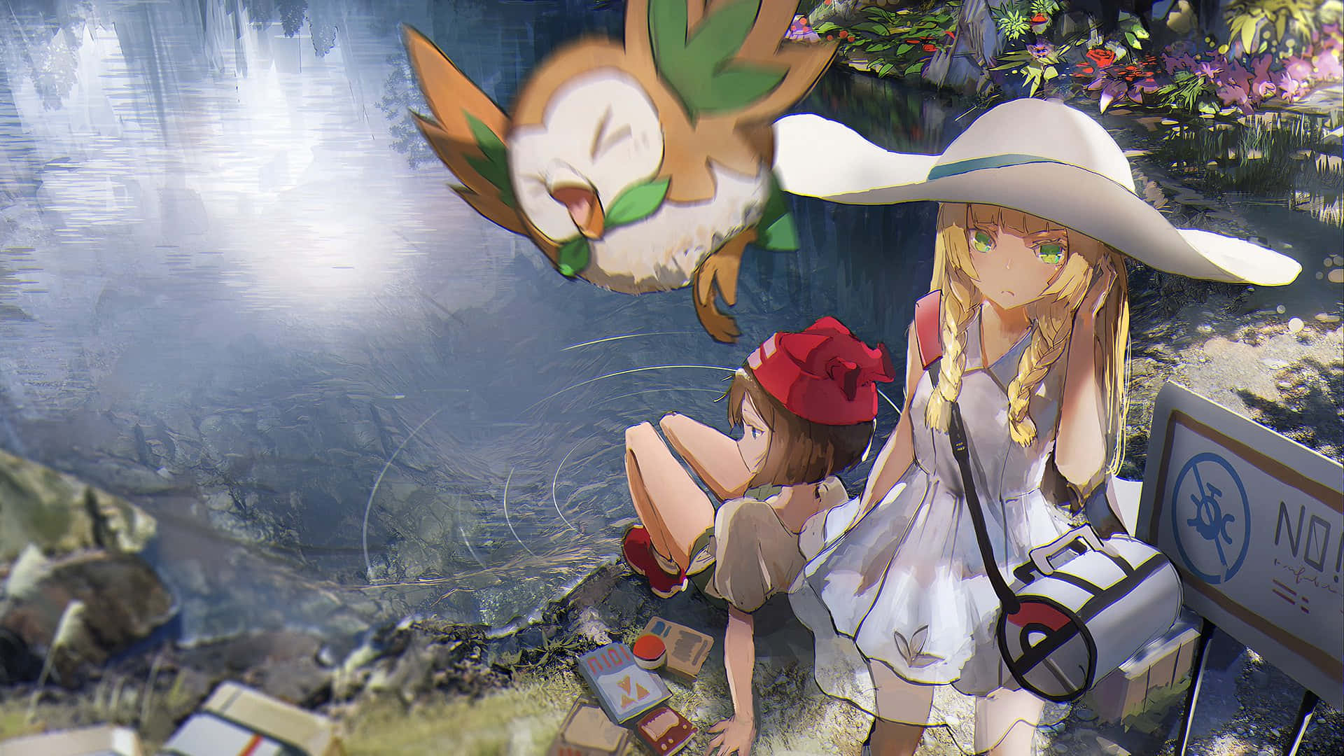 Pokemon Sun and Moon, anime girls, bird-like Pokémon, Full HD Desktop Wallpaper