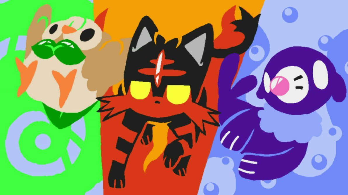 Pokemon Sun and Moon, starter art, stylized cartoon creatures, SD Desktop Wallpaper