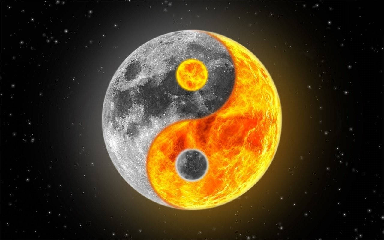 Sun and Moon, yin yang symbol, glowing moon half, HD Desktop Wallpaper