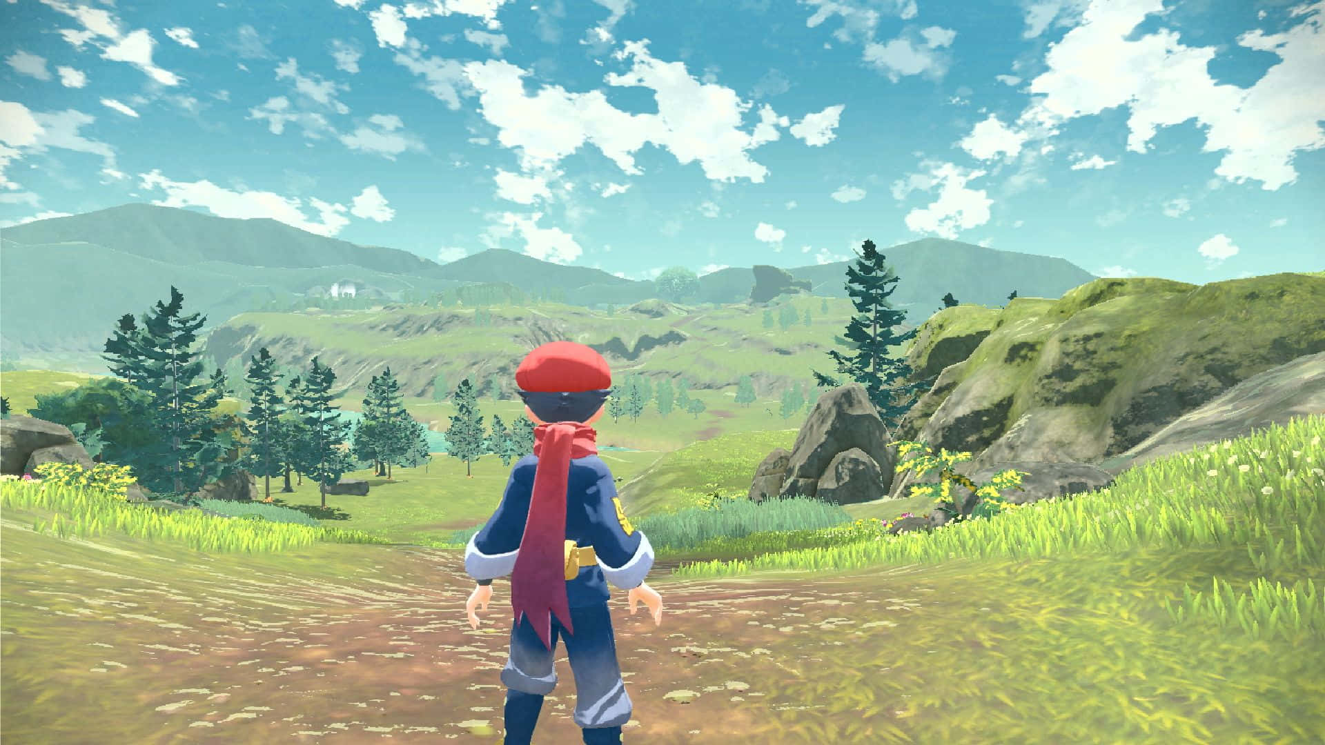 Pokemon Virtual World, red-hatted adventurer, grassy hill, Full HD Desktop Wallpaper