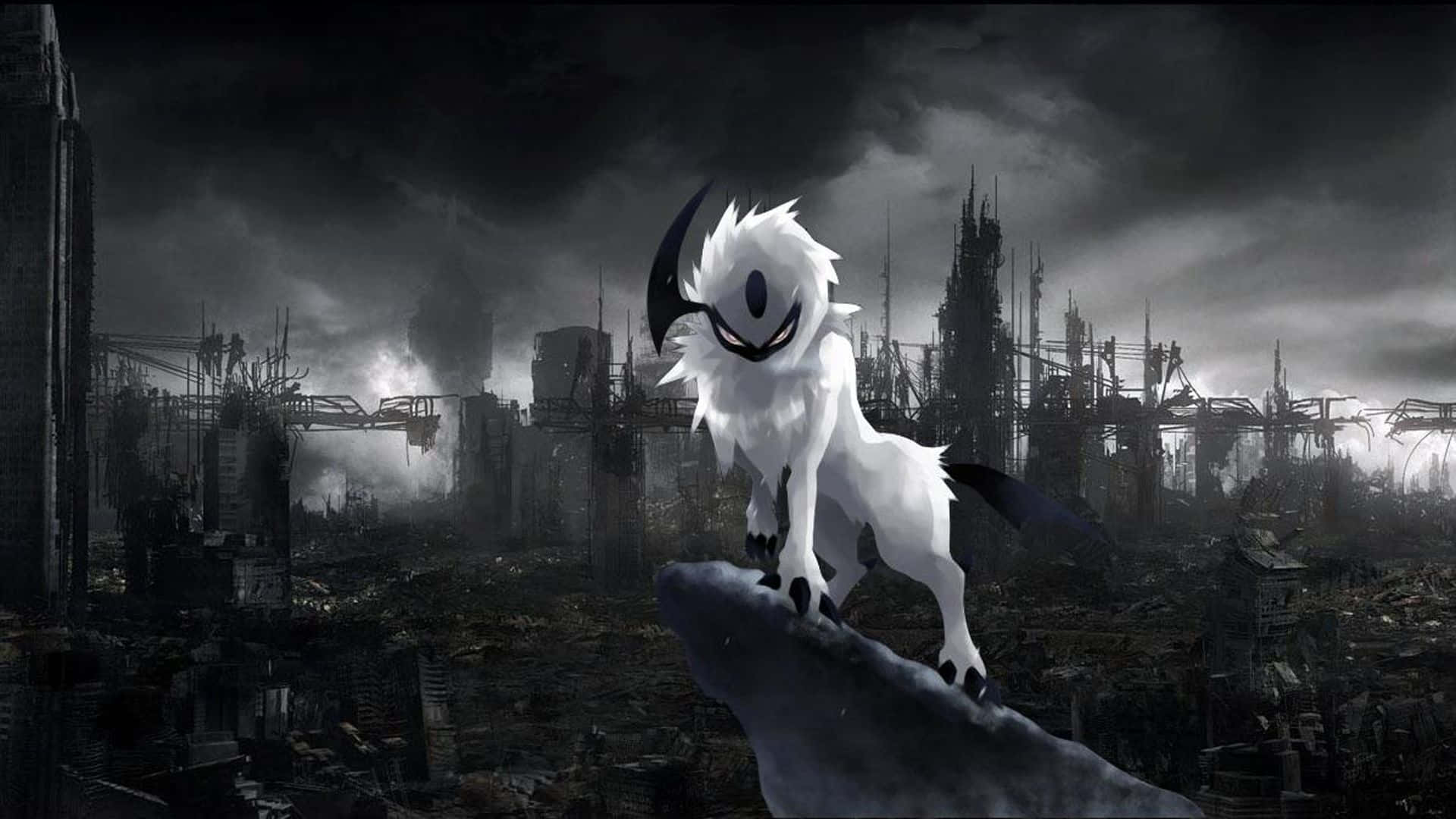 Pokemon Black, white horned creature, ruined cityscape, Full HD Desktop Wallpaper