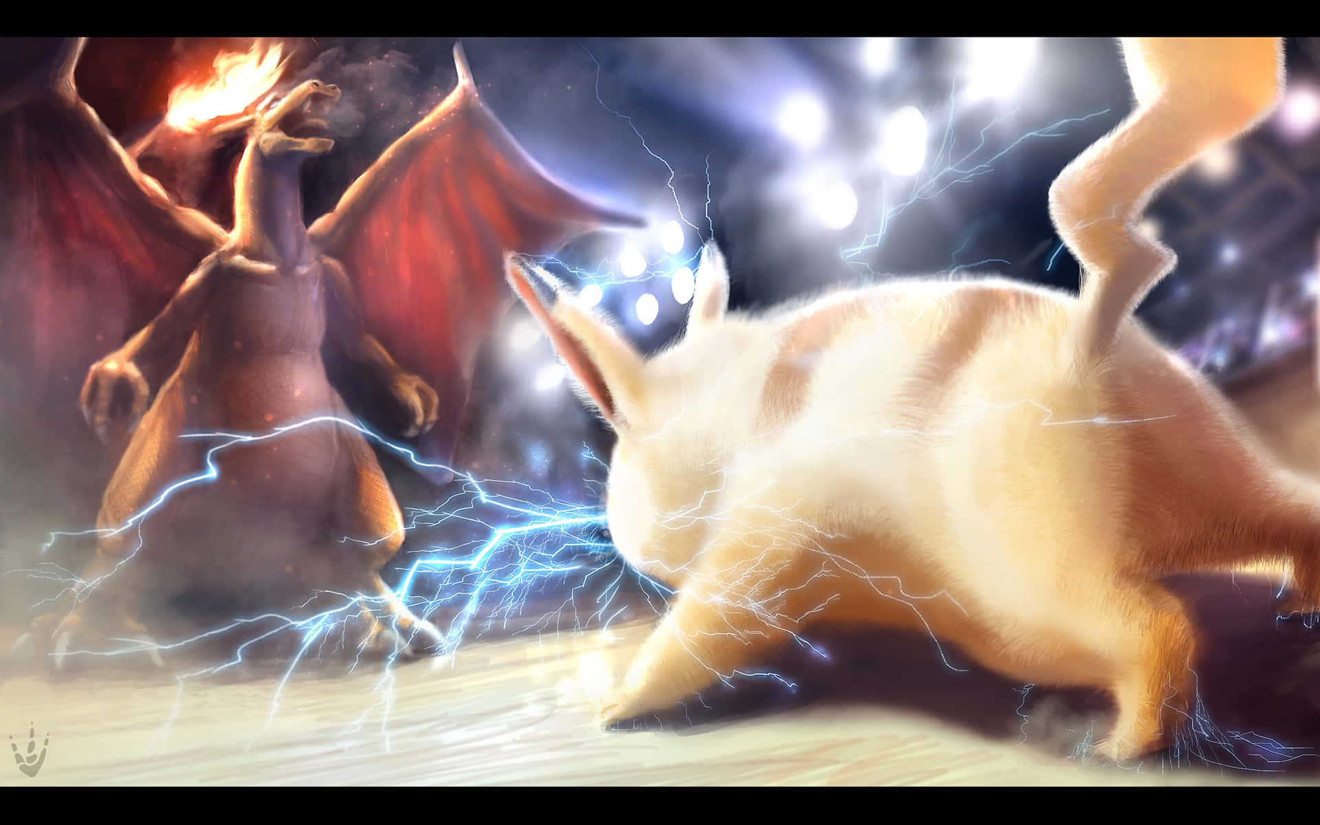 Pokemon Stadium, electric-type Pokémon, fiery red dragon-type Pokémon, Full HD Desktop Wallpaper