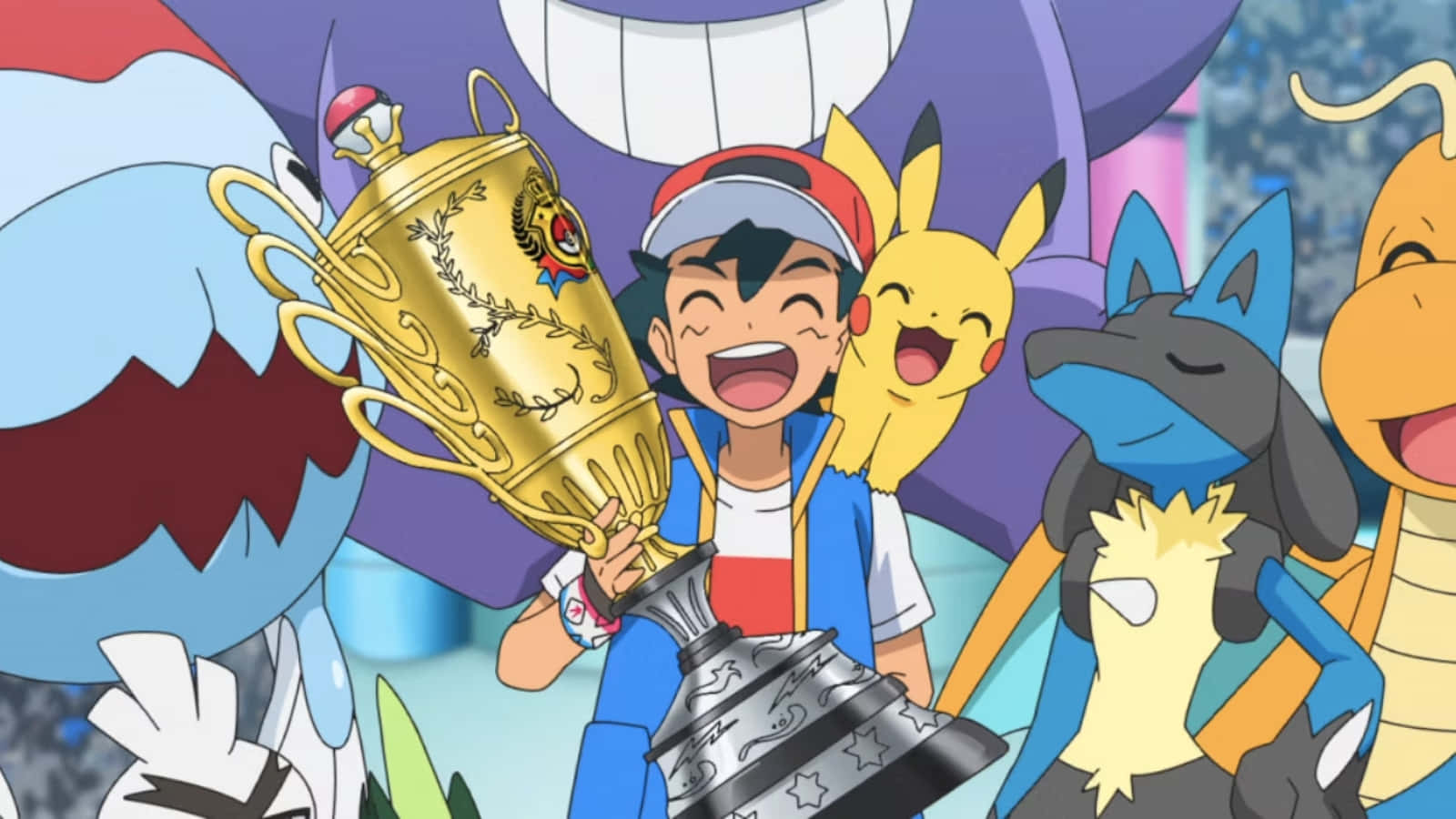 Pokemon World Championships, anime boy, gleaming golden trophy, HD Desktop Wallpaper