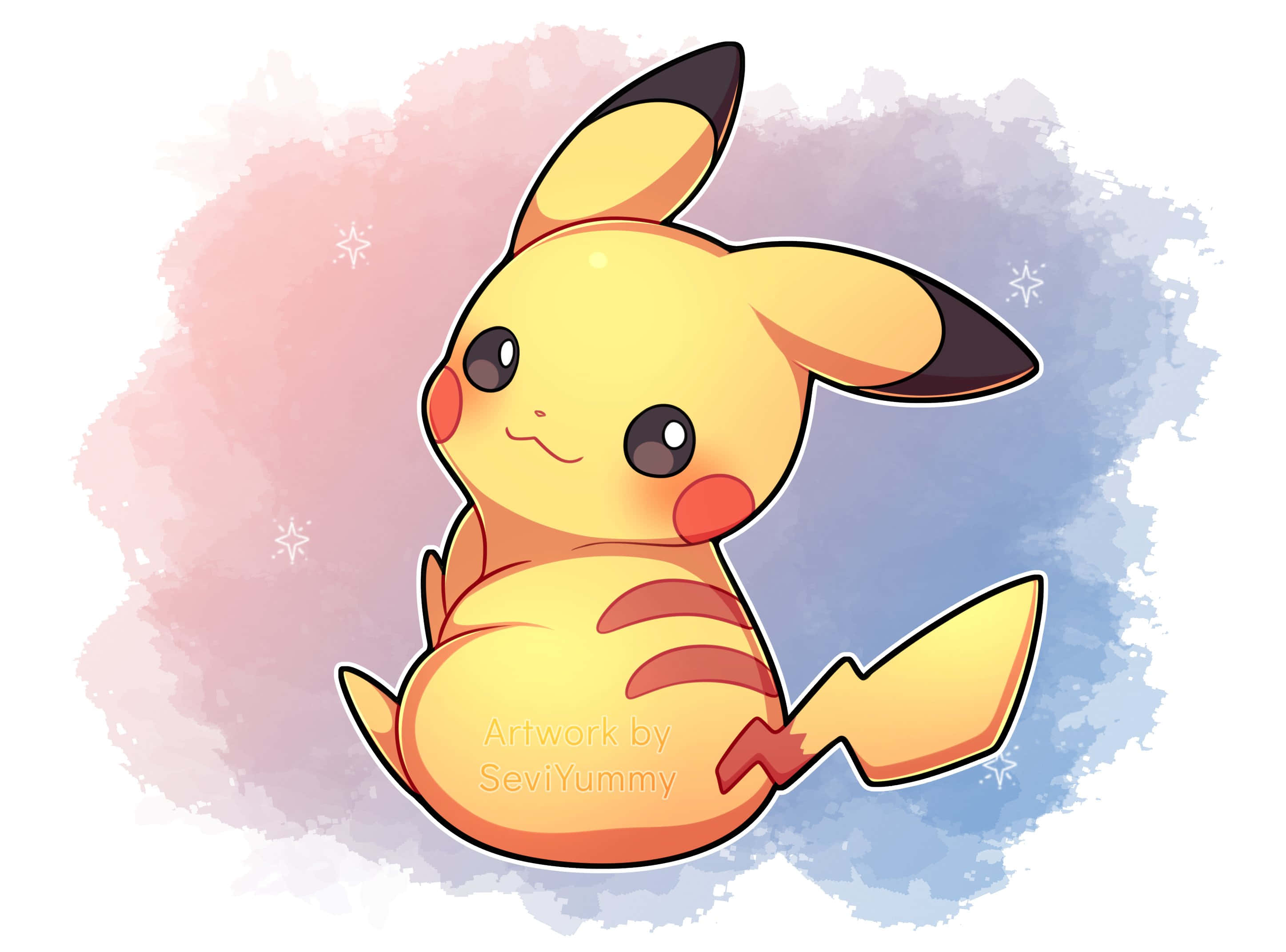 cute baby pikachu, yellow Pikachu, soft pink and blue watercolor background, 2K Desktop Wallpaper