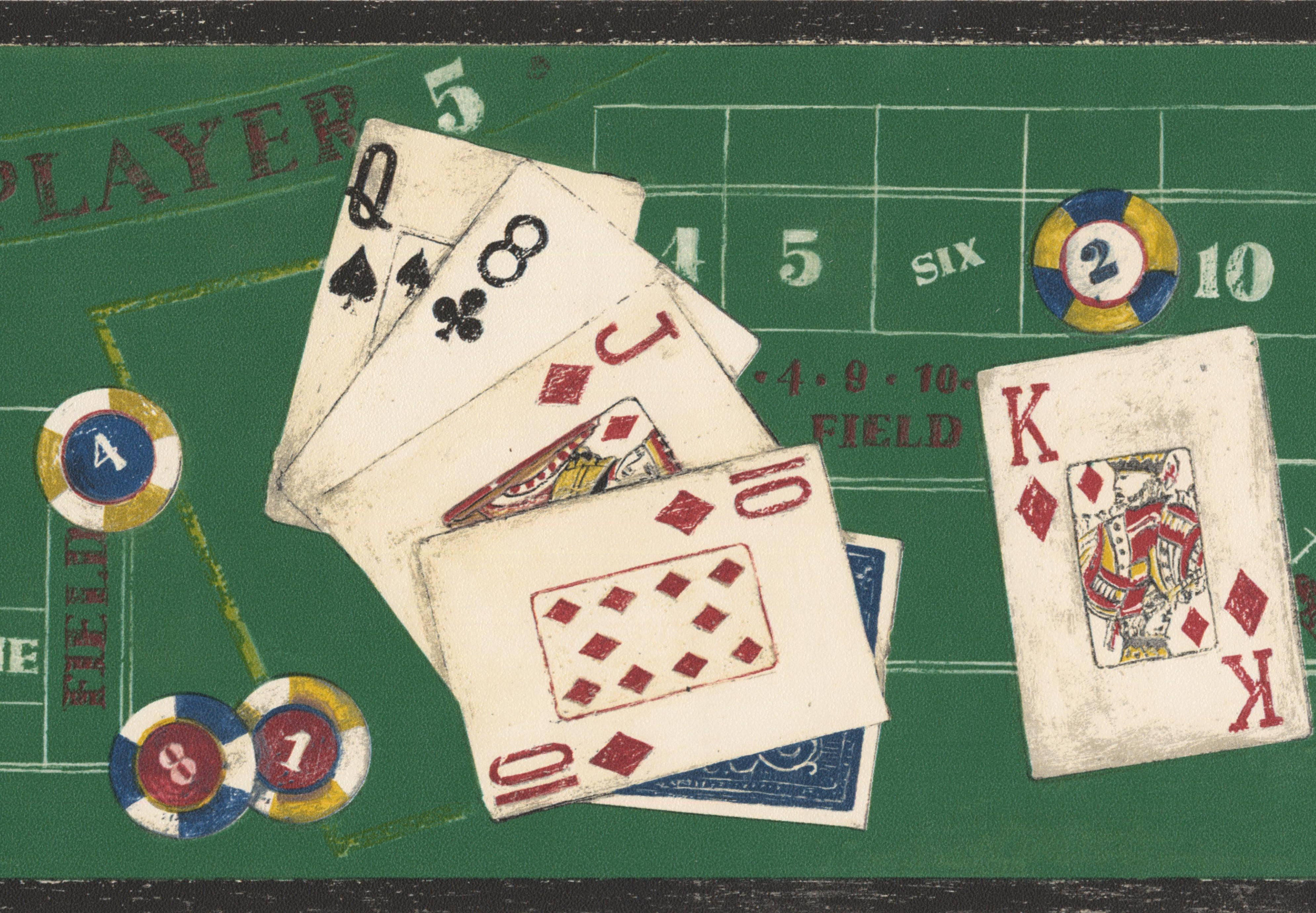 vintage poker table, green craps table, worn playing cards, 4K Desktop Wallpaper