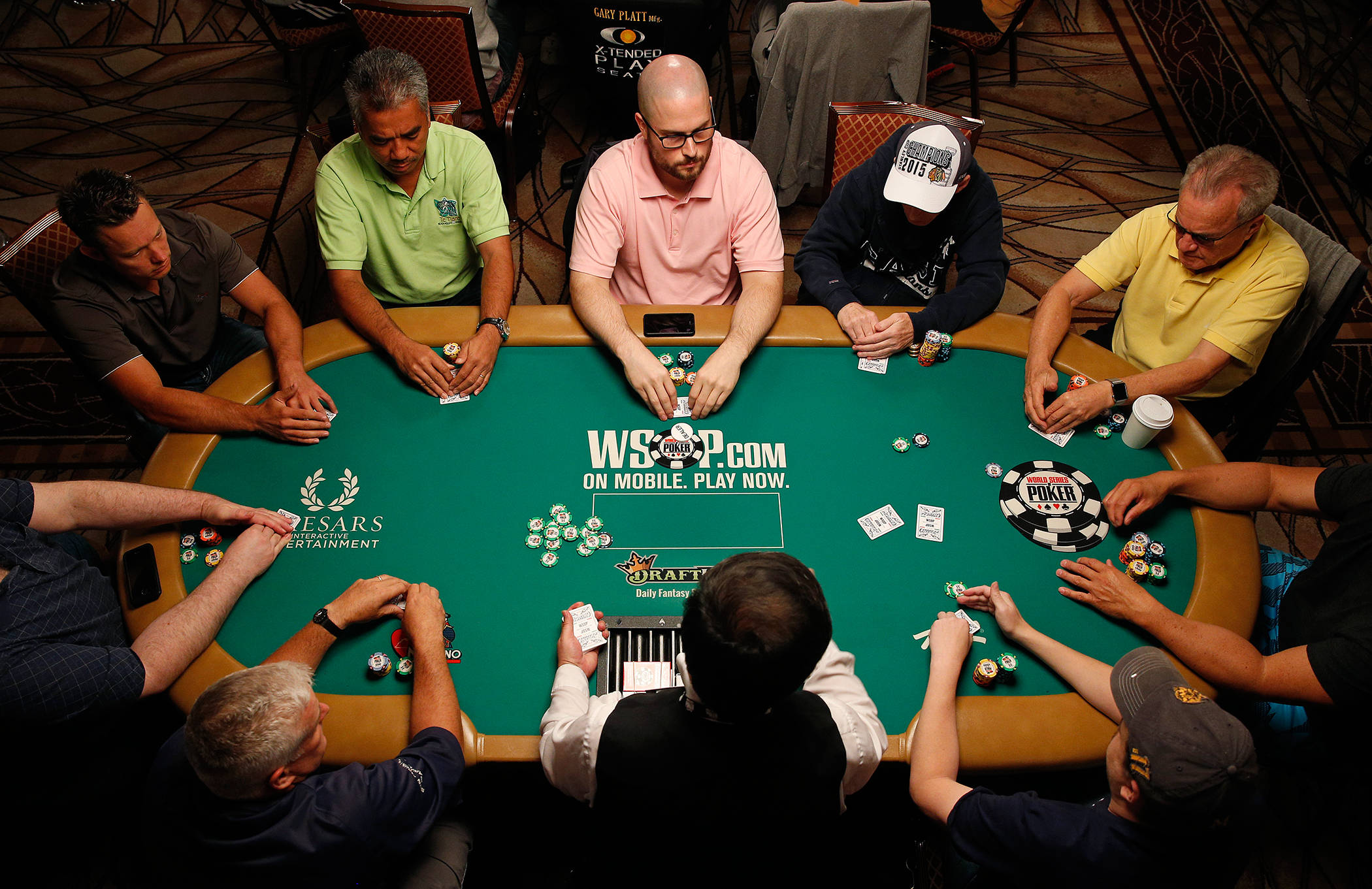 poker table, green poker table, dimly lit casino room, Full HD Desktop Wallpaper
