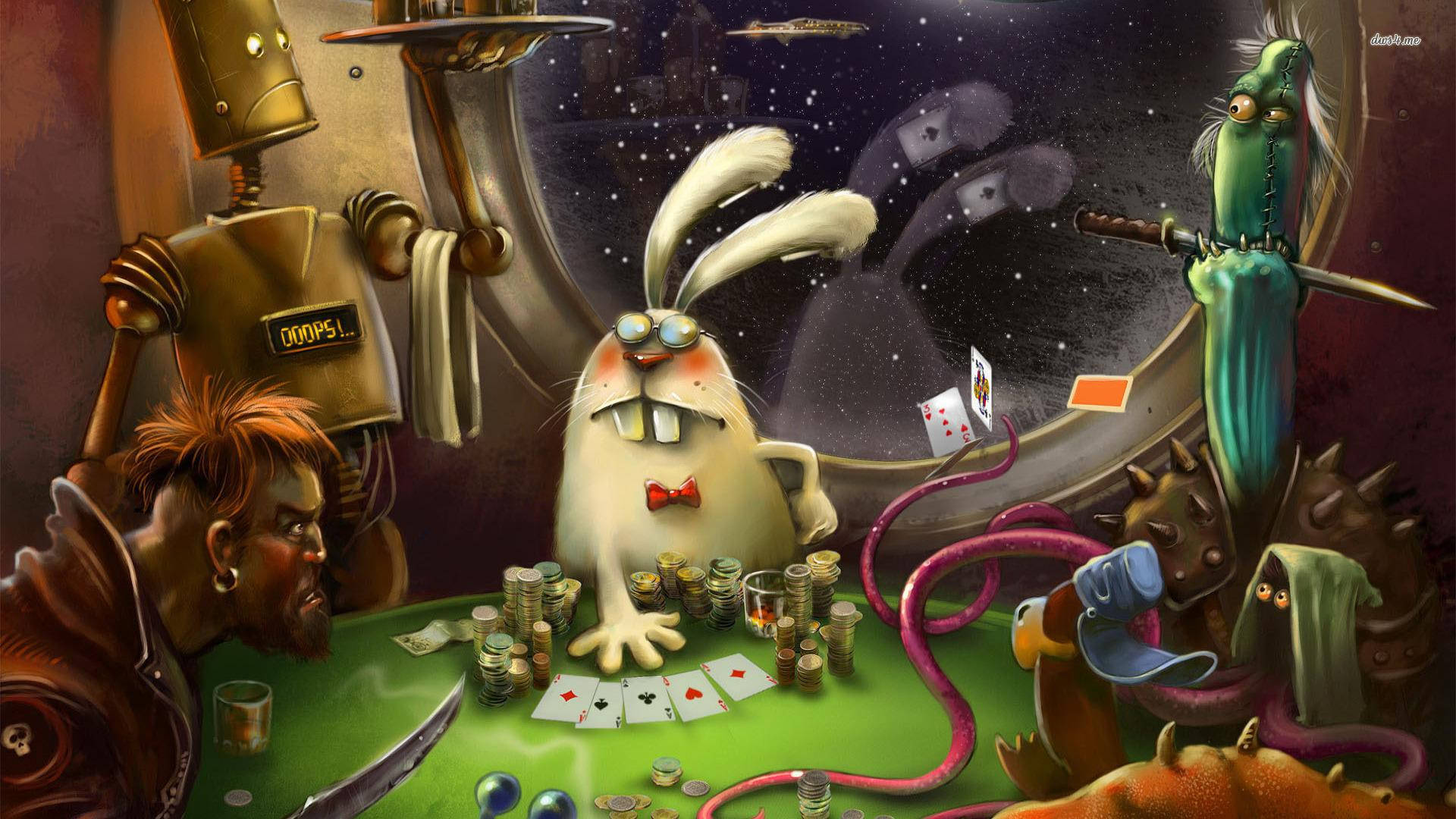 poker table, cartoons, spaceship, Full HD Desktop Wallpaper