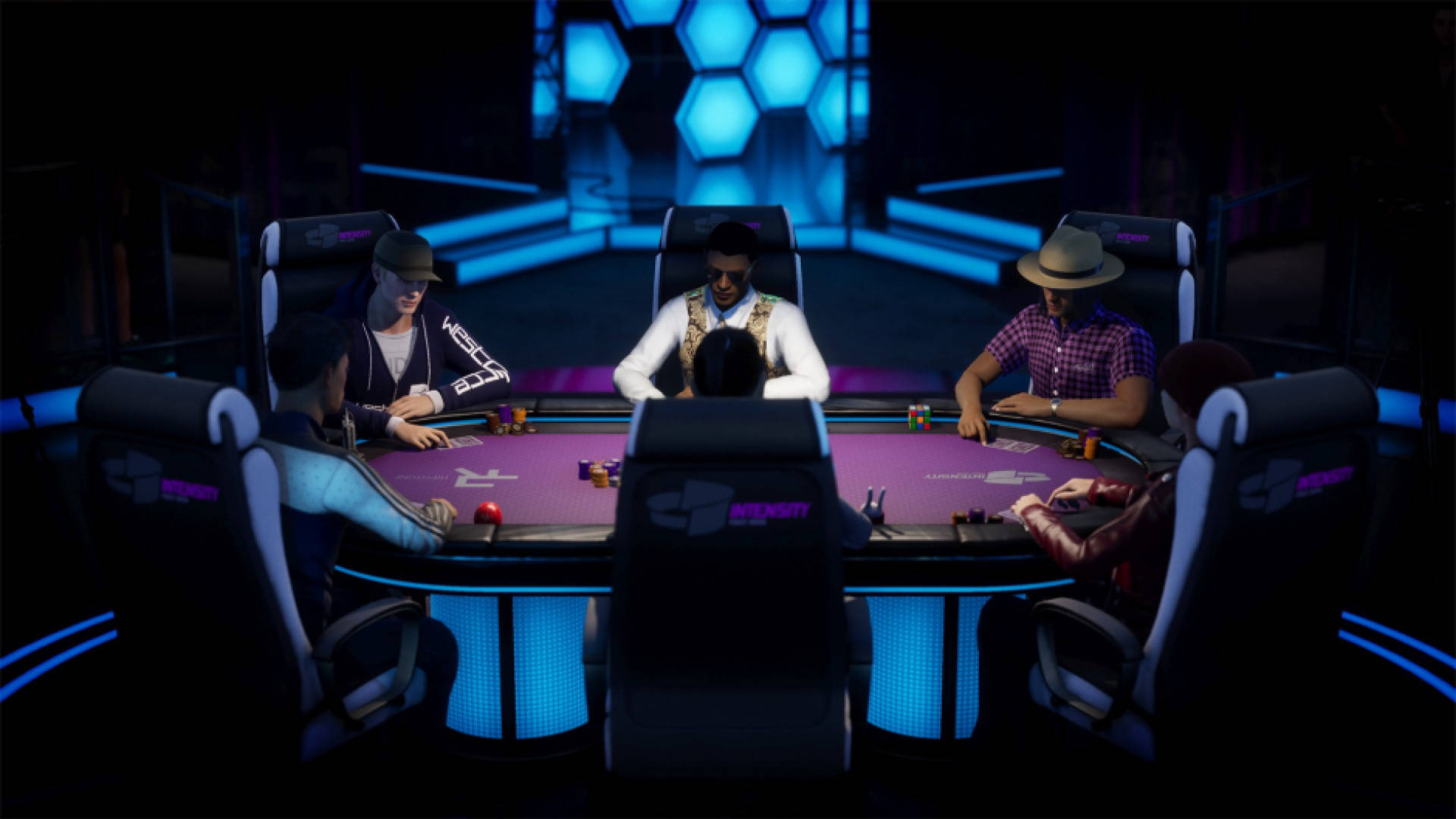 poker table, neon blue hexagonal lights, dim futuristic casino, Full HD Desktop Wallpaper