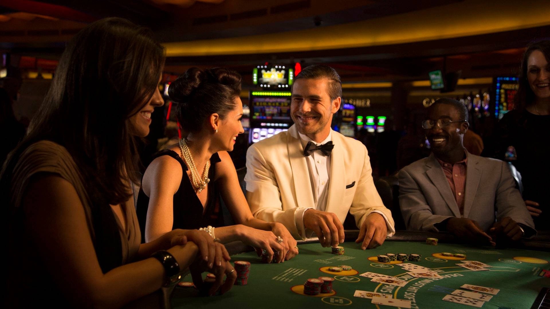 poker table, green felt table, warm casino lights, Full HD Desktop Wallpaper
