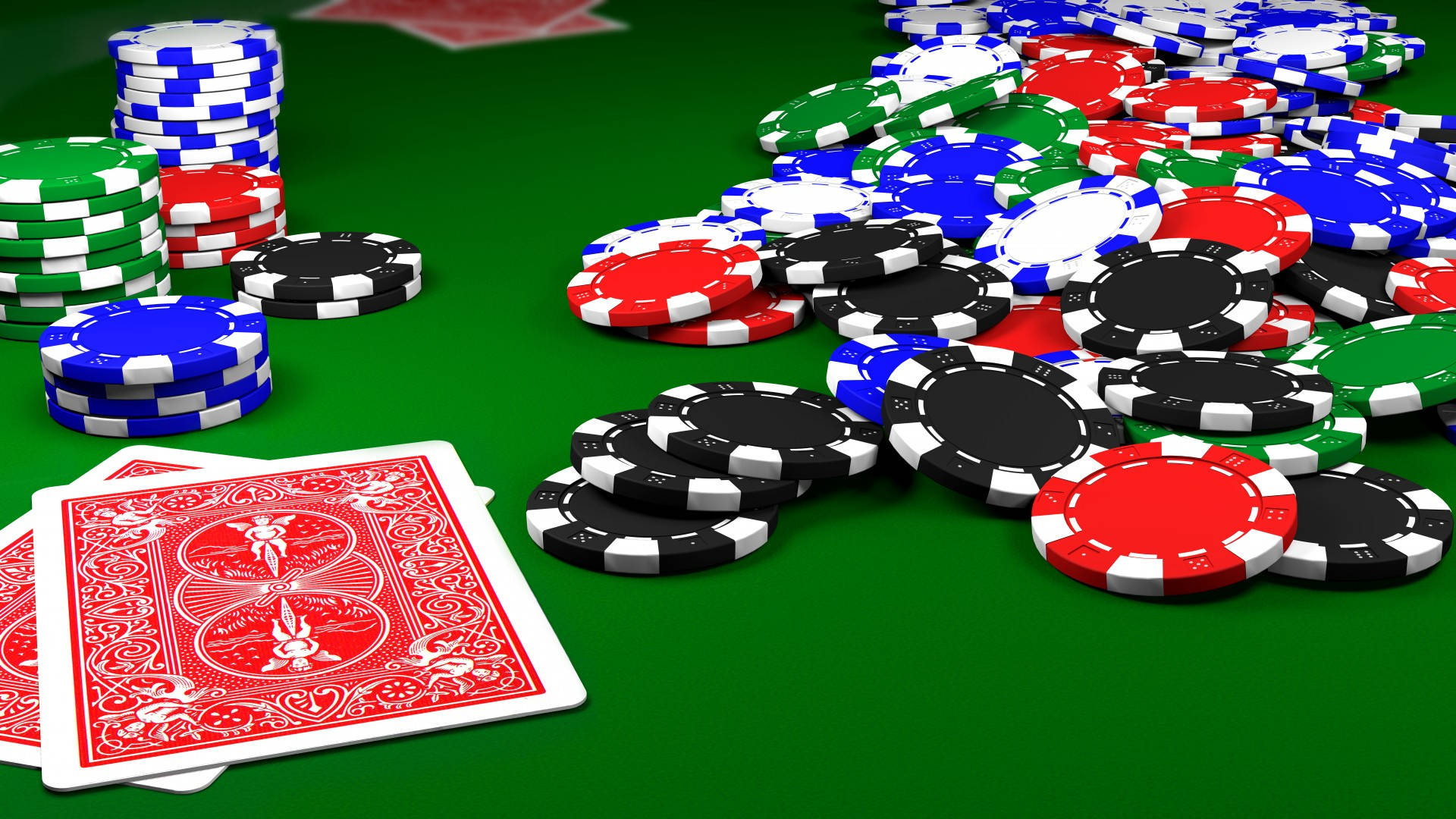poker table, vibrant green, colorful chips, Full HD Desktop Wallpaper