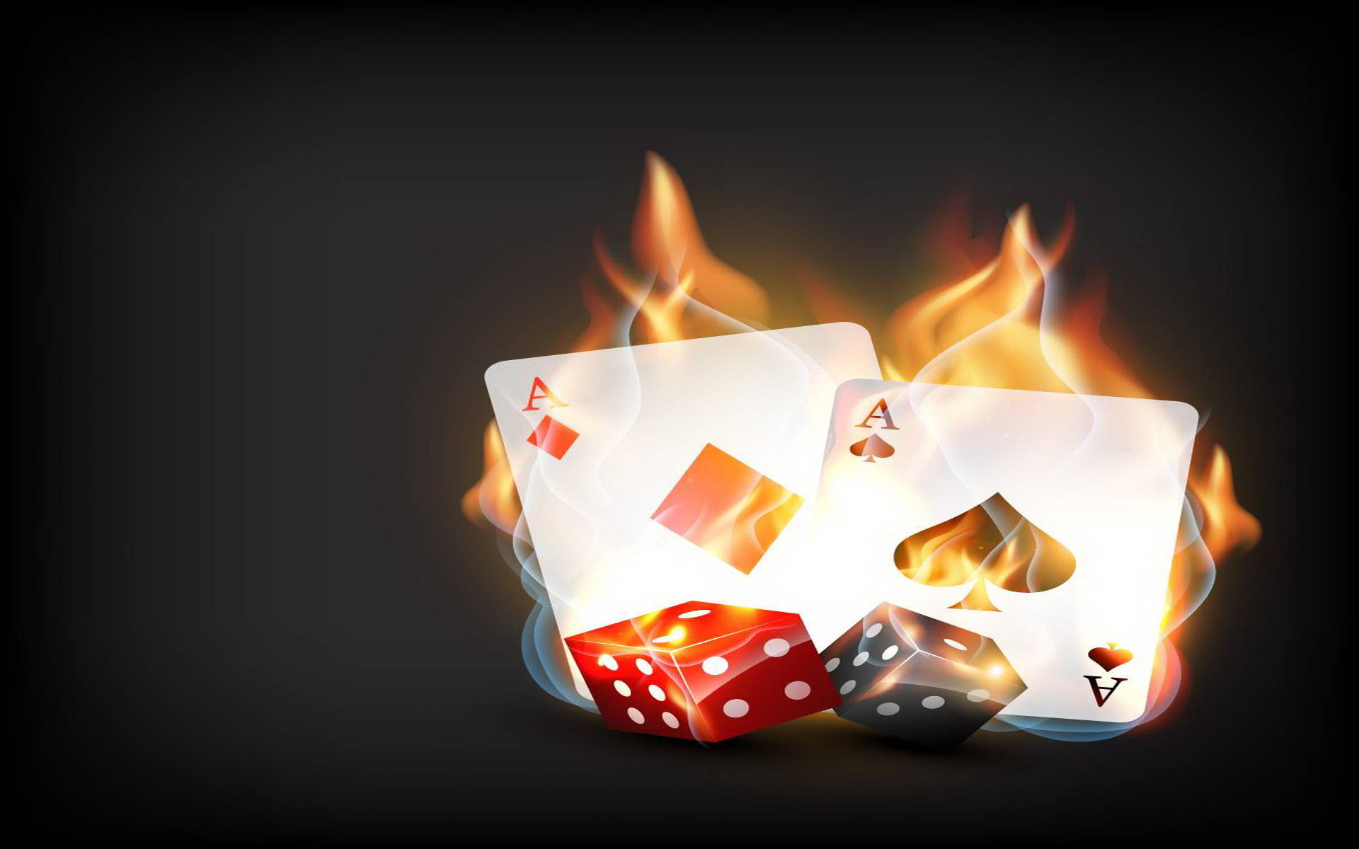 burning poker aces, flaming ace playing cards, dice, Full HD Desktop Wallpaper