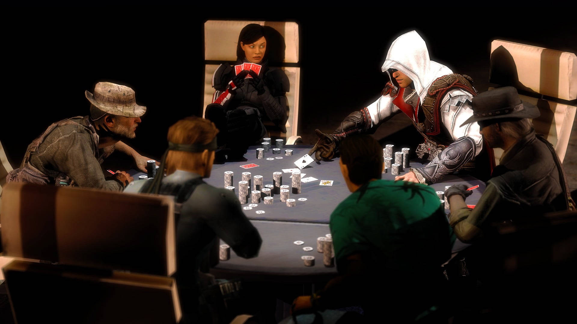 Poker, dim light, masked players, Full HD Desktop Wallpaper