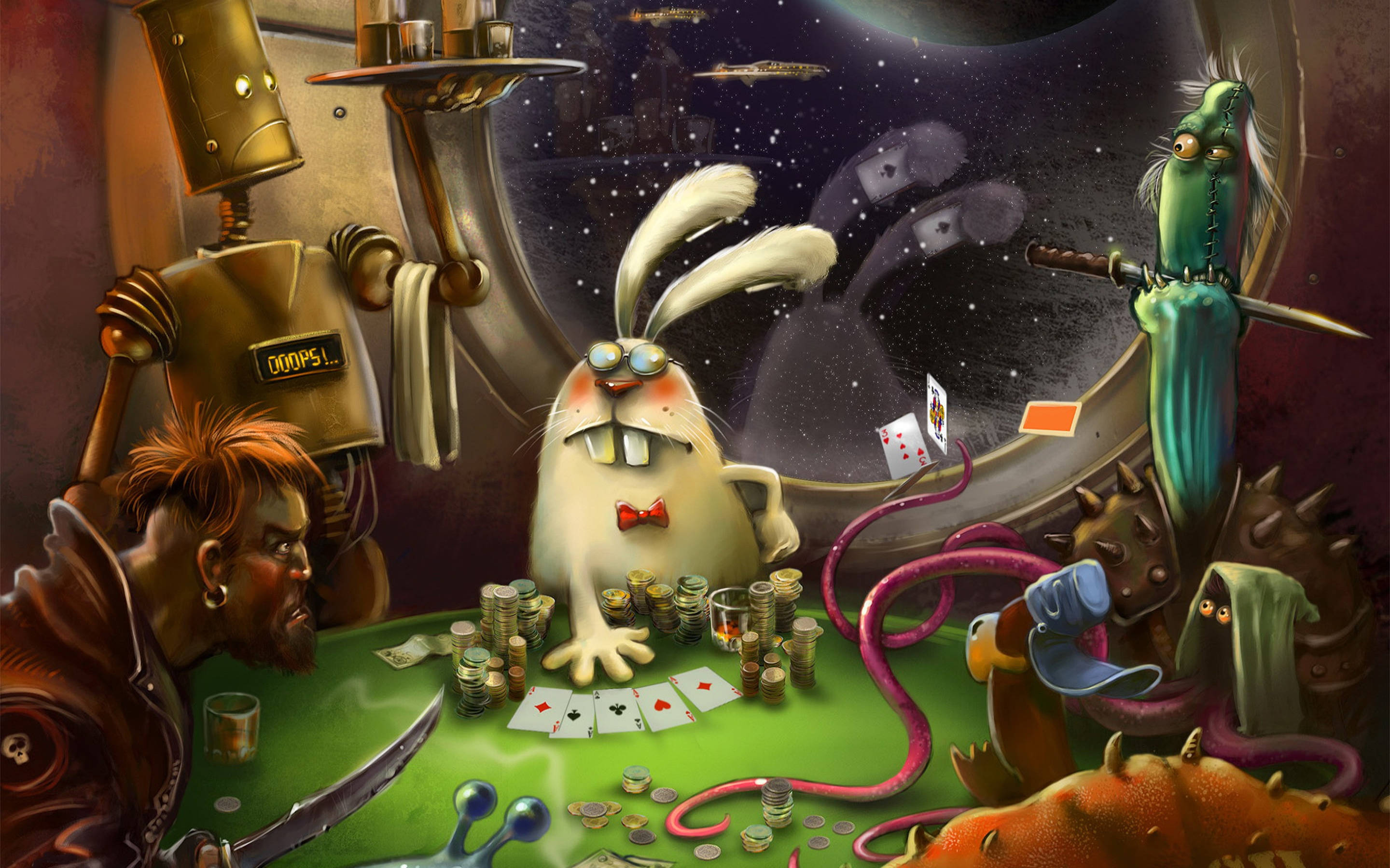 Poker, bunny, surreal space casino, 2K Desktop Wallpaper