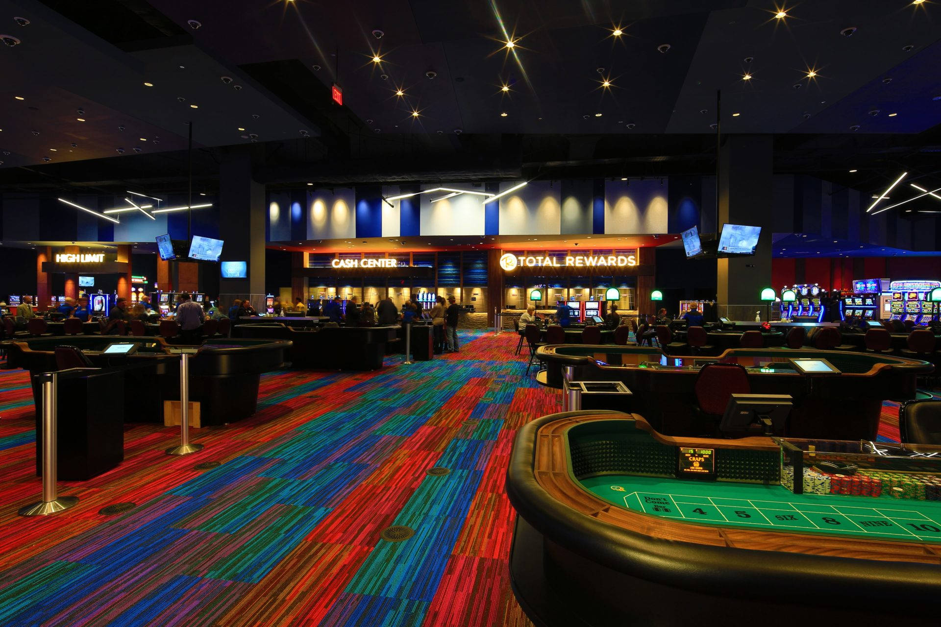 Luxurious Poker Tables, vibrant casino interior, colorful striped carpet, Full HD Desktop Wallpaper