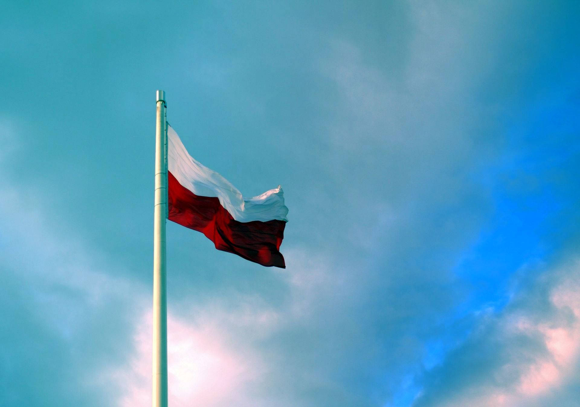 Poland flag, red and white stripes, dramatic sky, Full HD Desktop Wallpaper