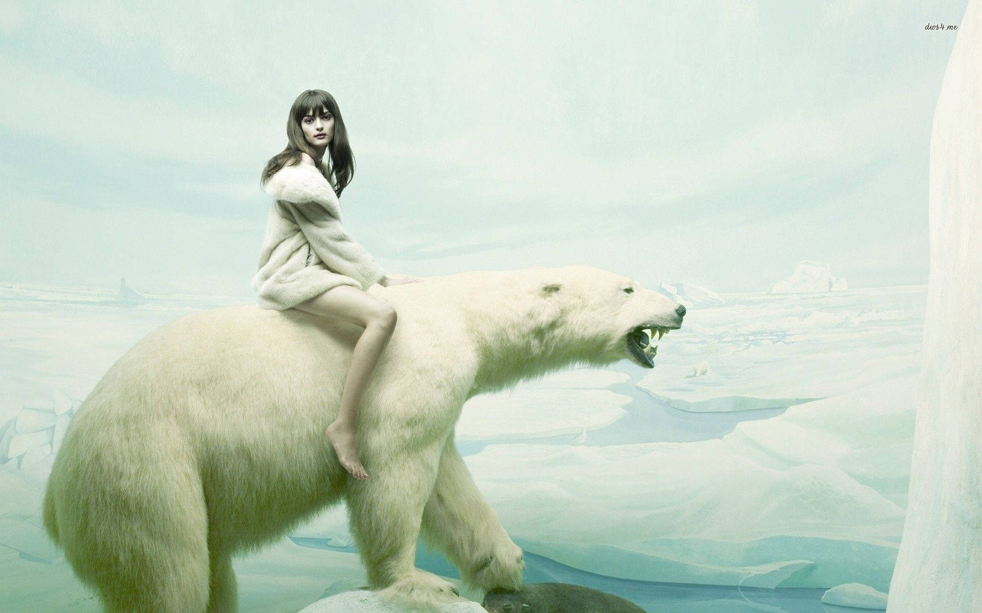 woman, polar bear, fluffy coat, Full HD Desktop Wallpaper