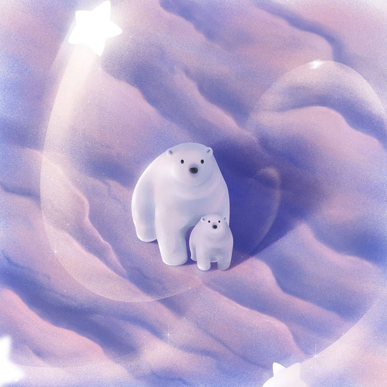 white polar bears, mother and cub polar bear, soft purple cloud, HD Desktop Wallpaper