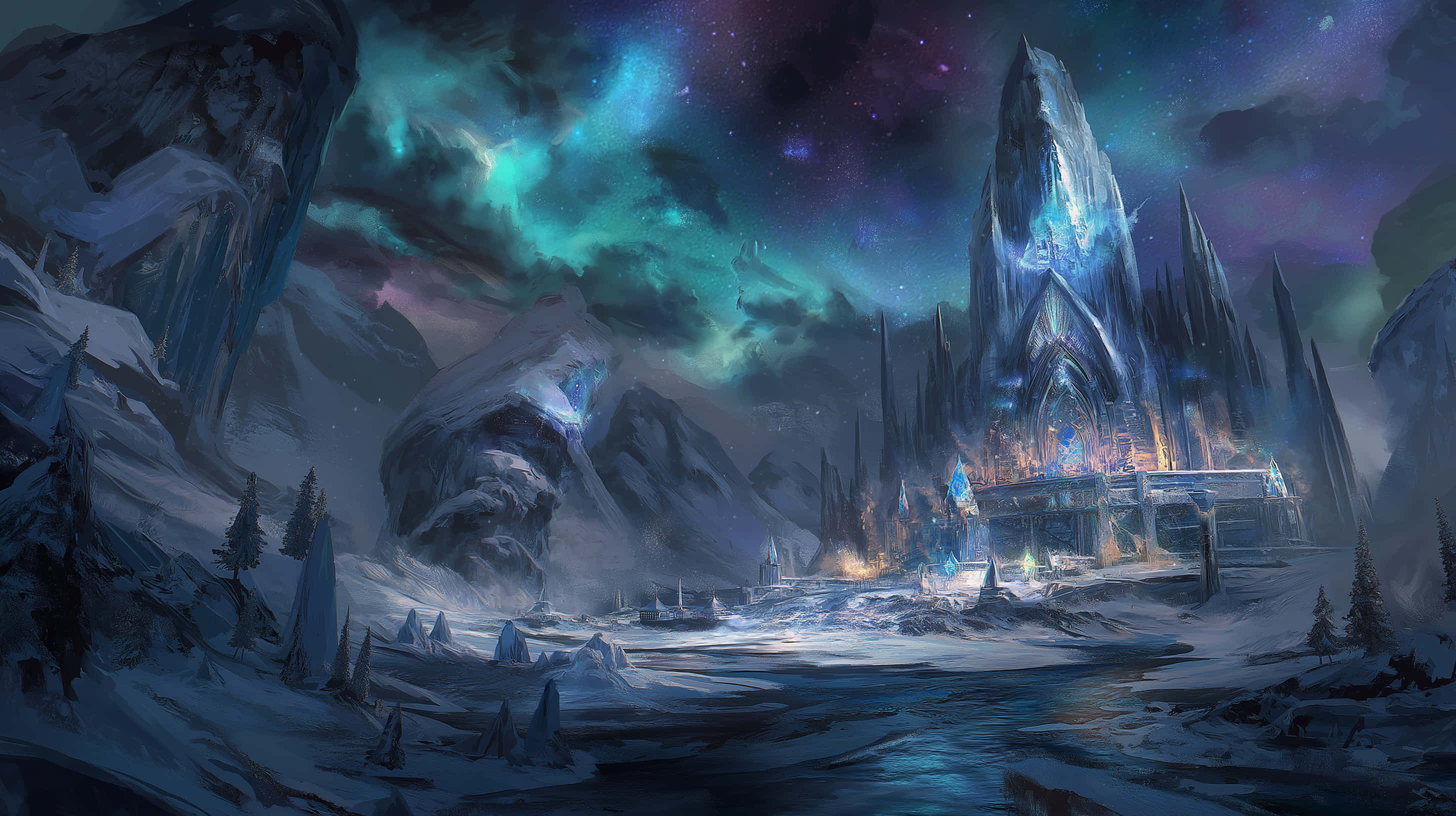 aurora borealis, ice castle, frozen mountain valley, 2K Desktop Wallpaper