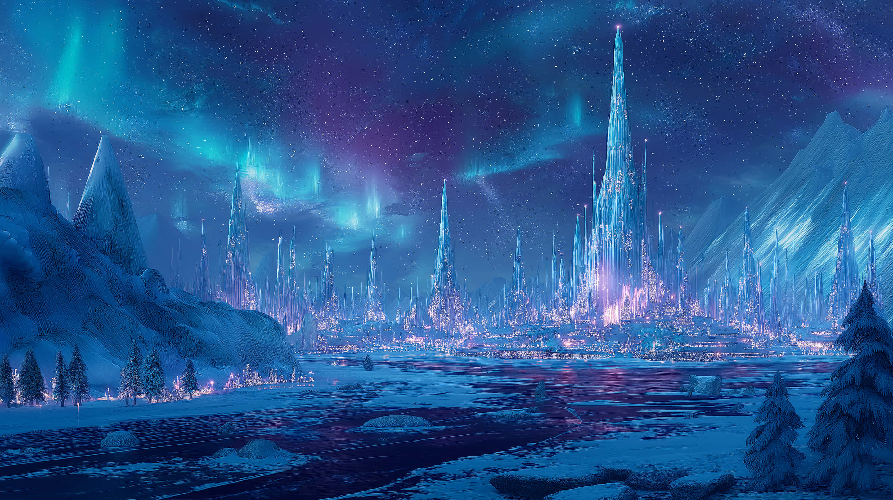 magical ice city, frozen lake, vibrant aurora borealis sky, 2K Desktop Wallpaper
