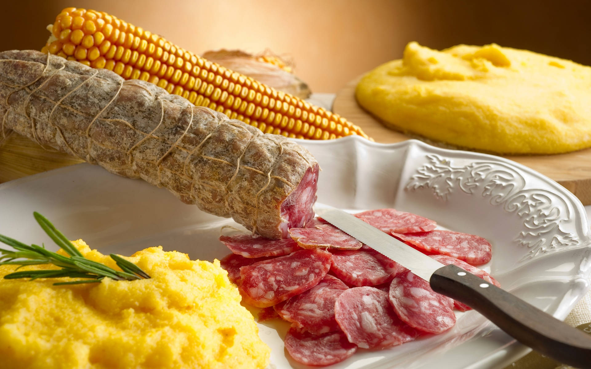 salami, polenta, rosemary, Full HD Desktop Wallpaper