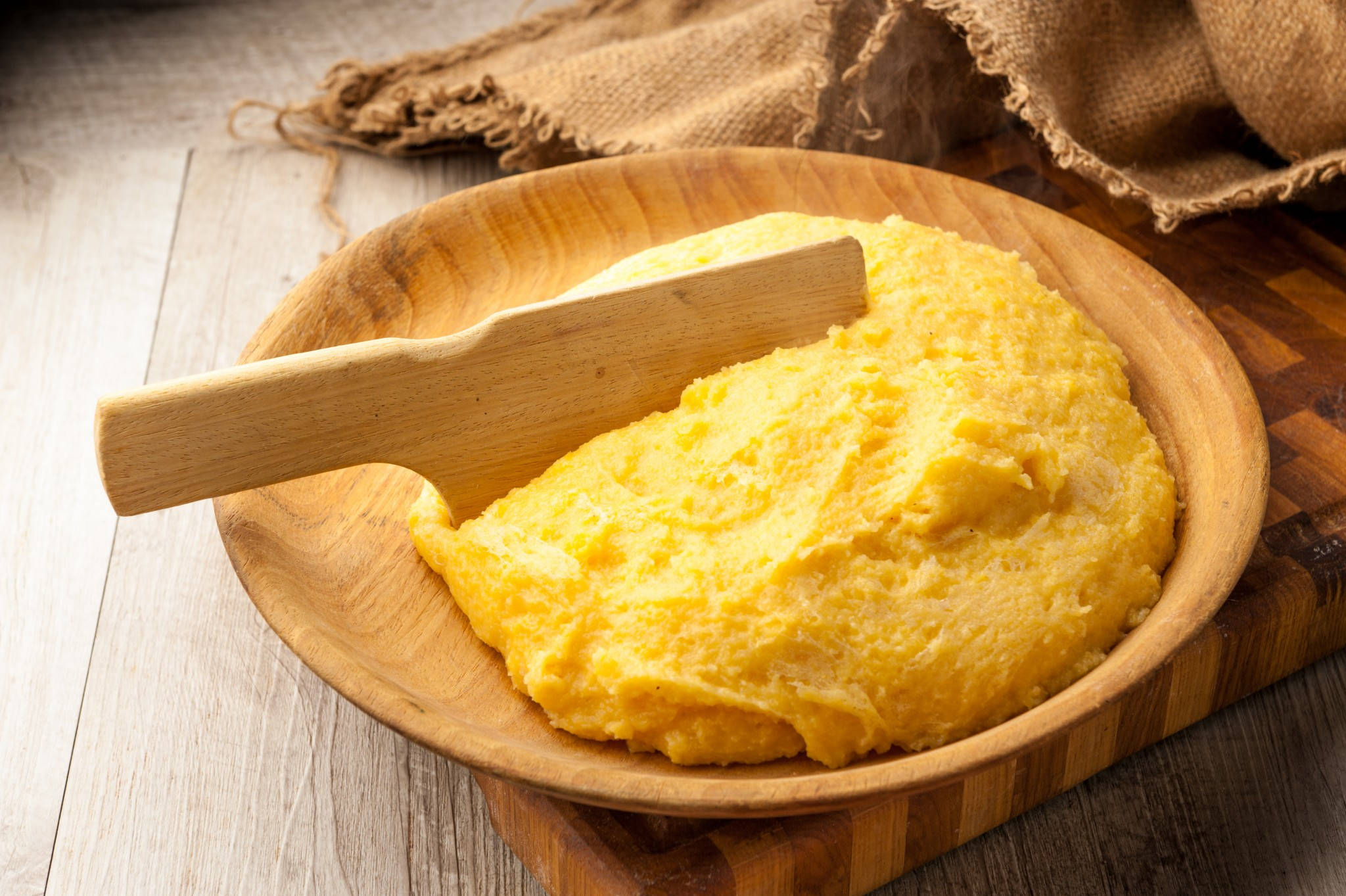 Traditional Italian Polenta Dish, creamy yellow polenta, wooden bowl, Full HD Desktop Wallpaper