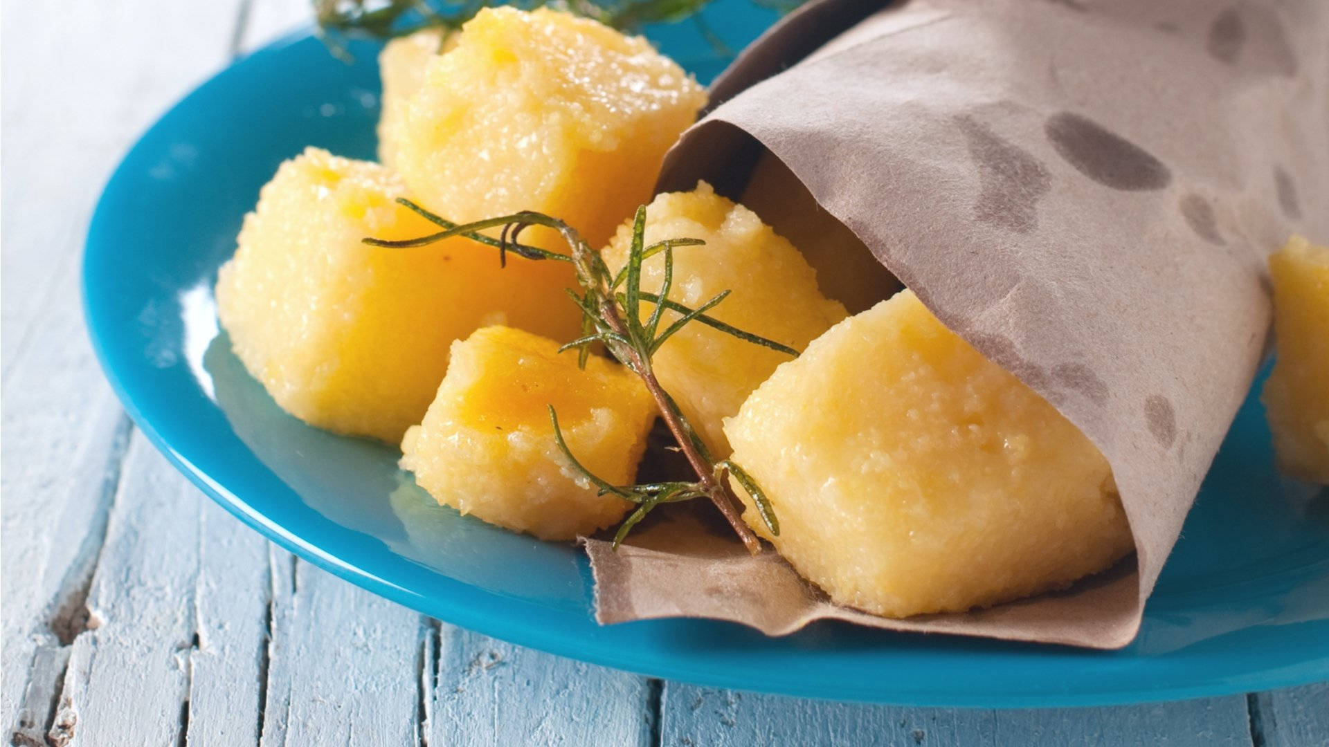 Fried Polenta Bites, golden polenta cubes, fresh rosemary, Full HD Desktop Wallpaper