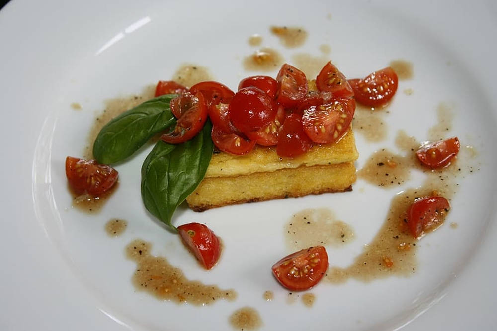 Polenta, cherry tomatoes, fresh basil leaves, SD Desktop Wallpaper
