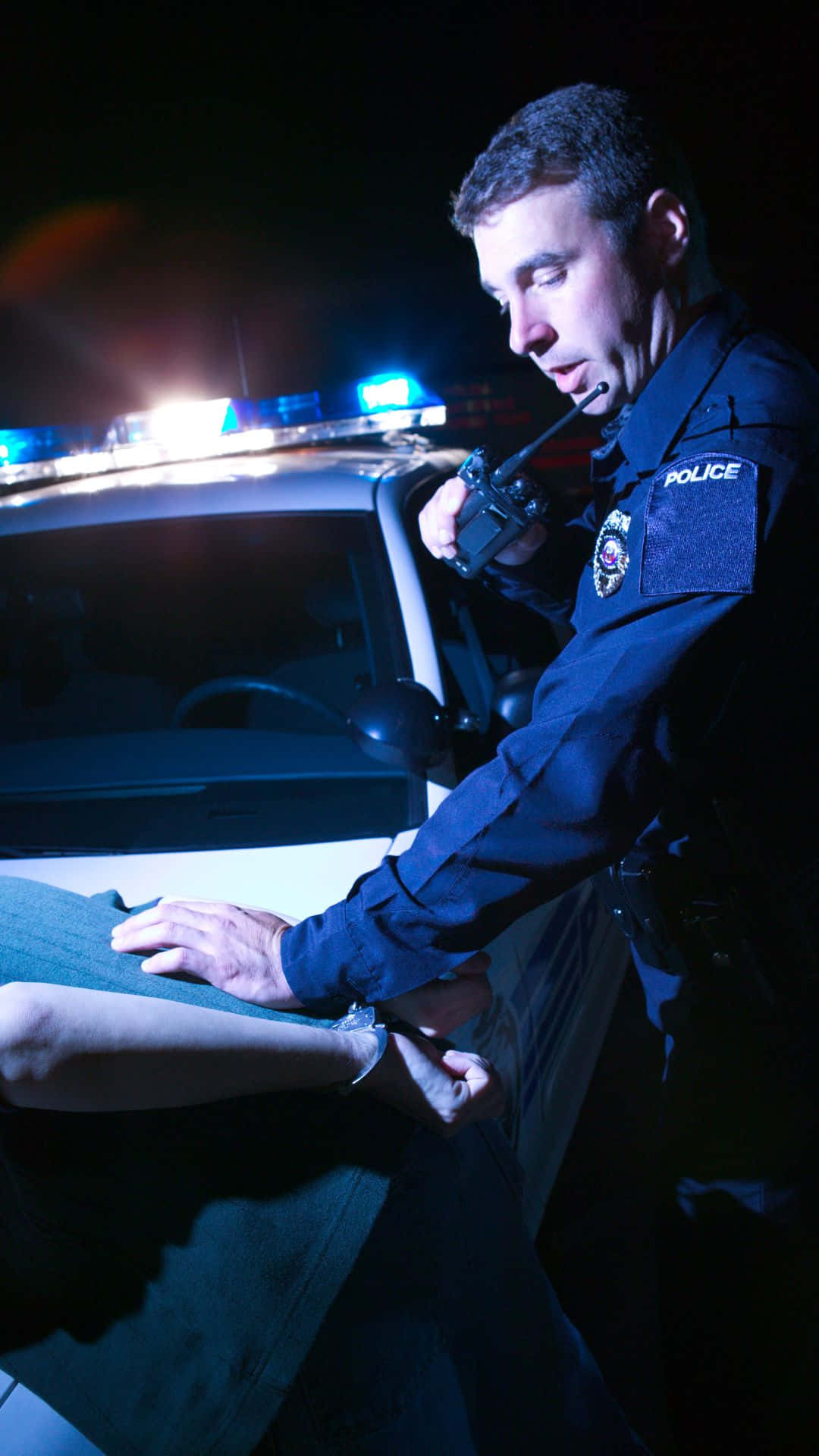 Police Officer, patrol car, flashing blue lights, Full HD Phone Wallpaper