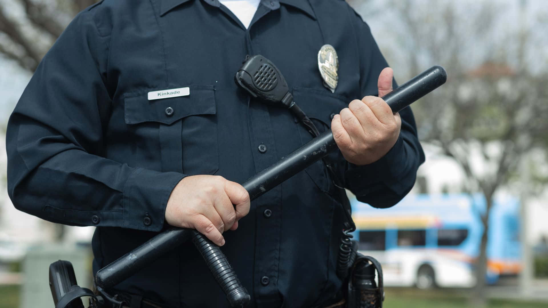 police officer, dark uniform, black baton, Full HD Desktop Wallpaper