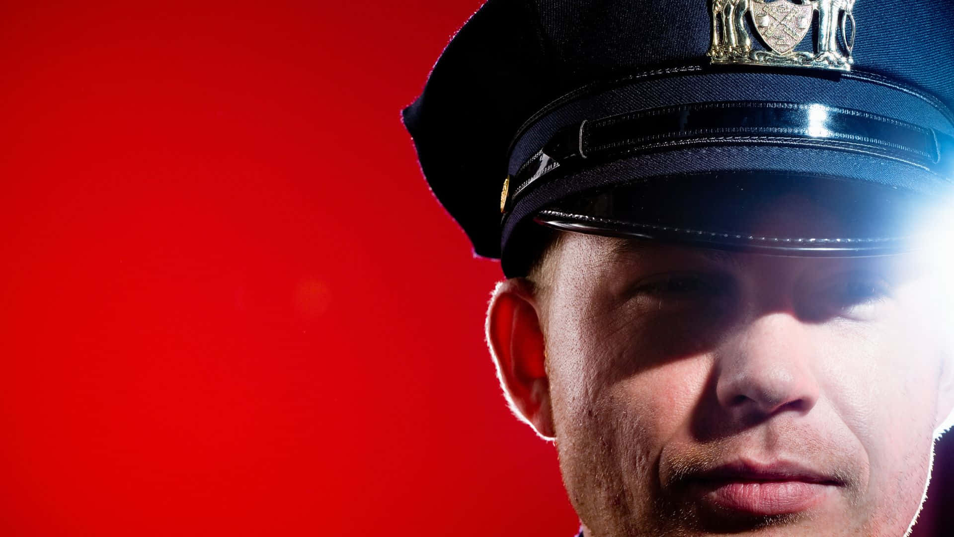 police officer, uniform, vivid red background, Full HD Desktop Wallpaper